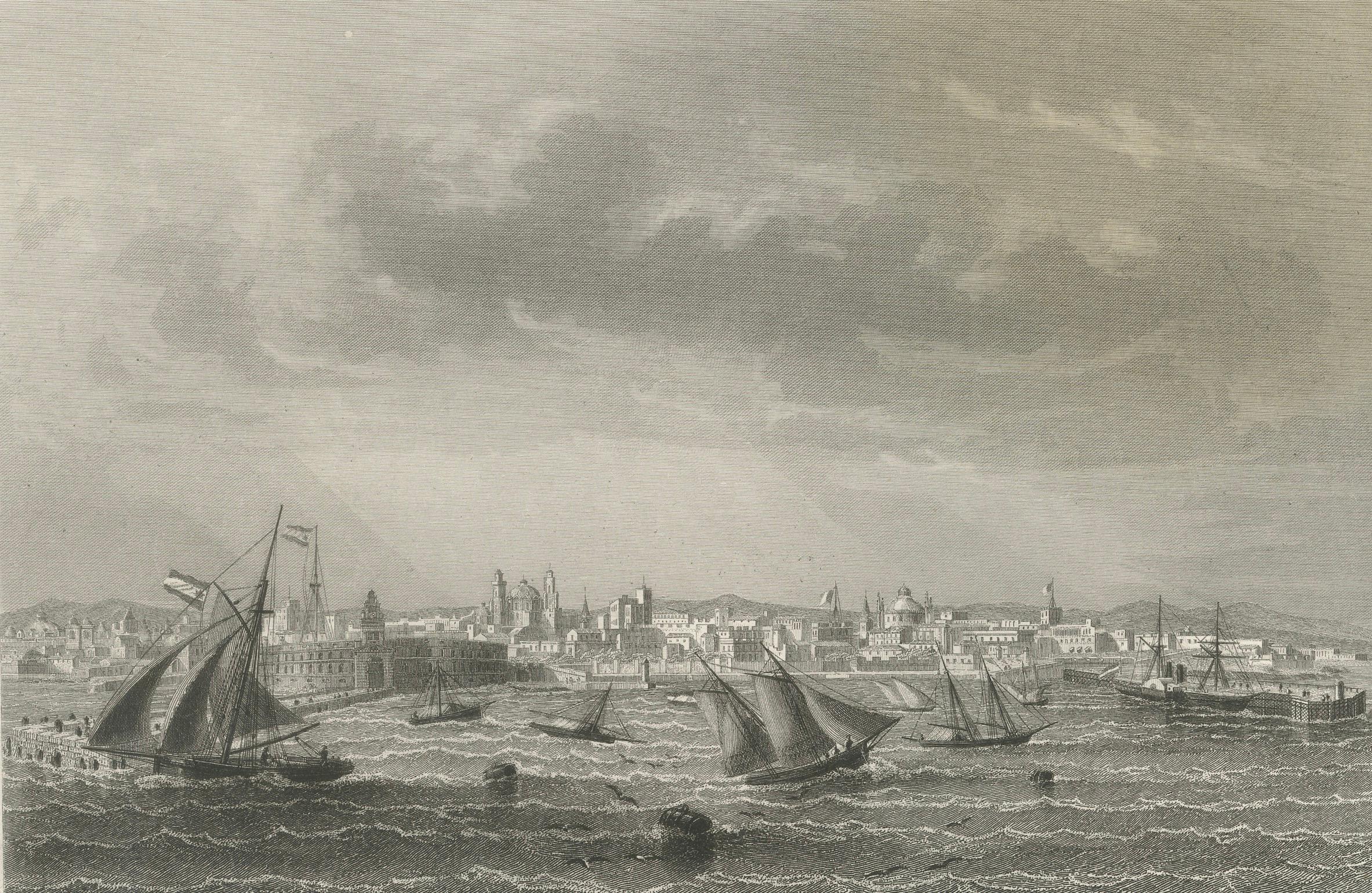 Papier Gravure ancienne de Buenos Aires, vue de la ville et du port, 1867 en vente