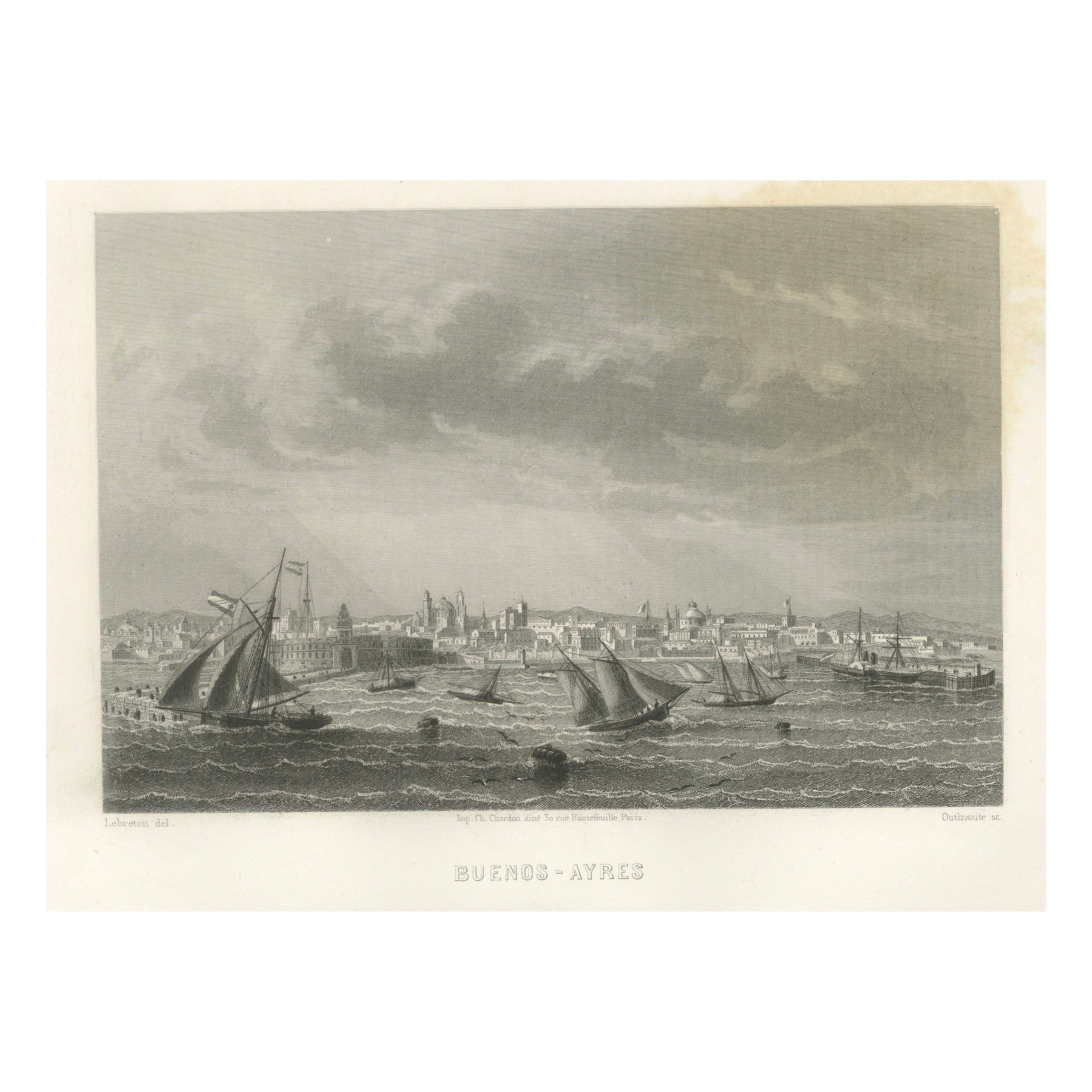 Gravure ancienne de Buenos Aires, vue de la ville et du port, 1867