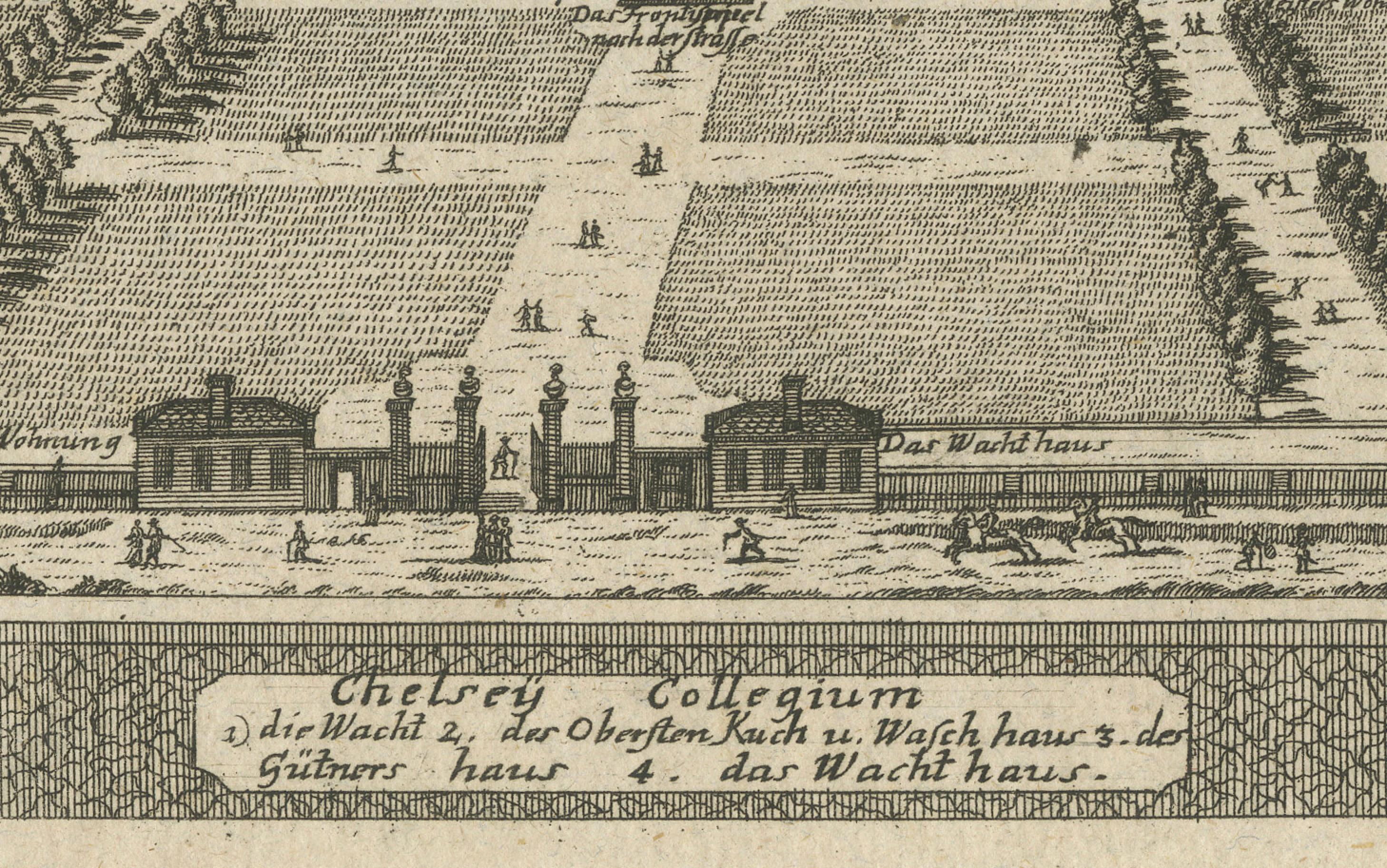 Allemand Gravure ancienne du Chelsea College - Vue des jardins à la française, vers 1705 en vente