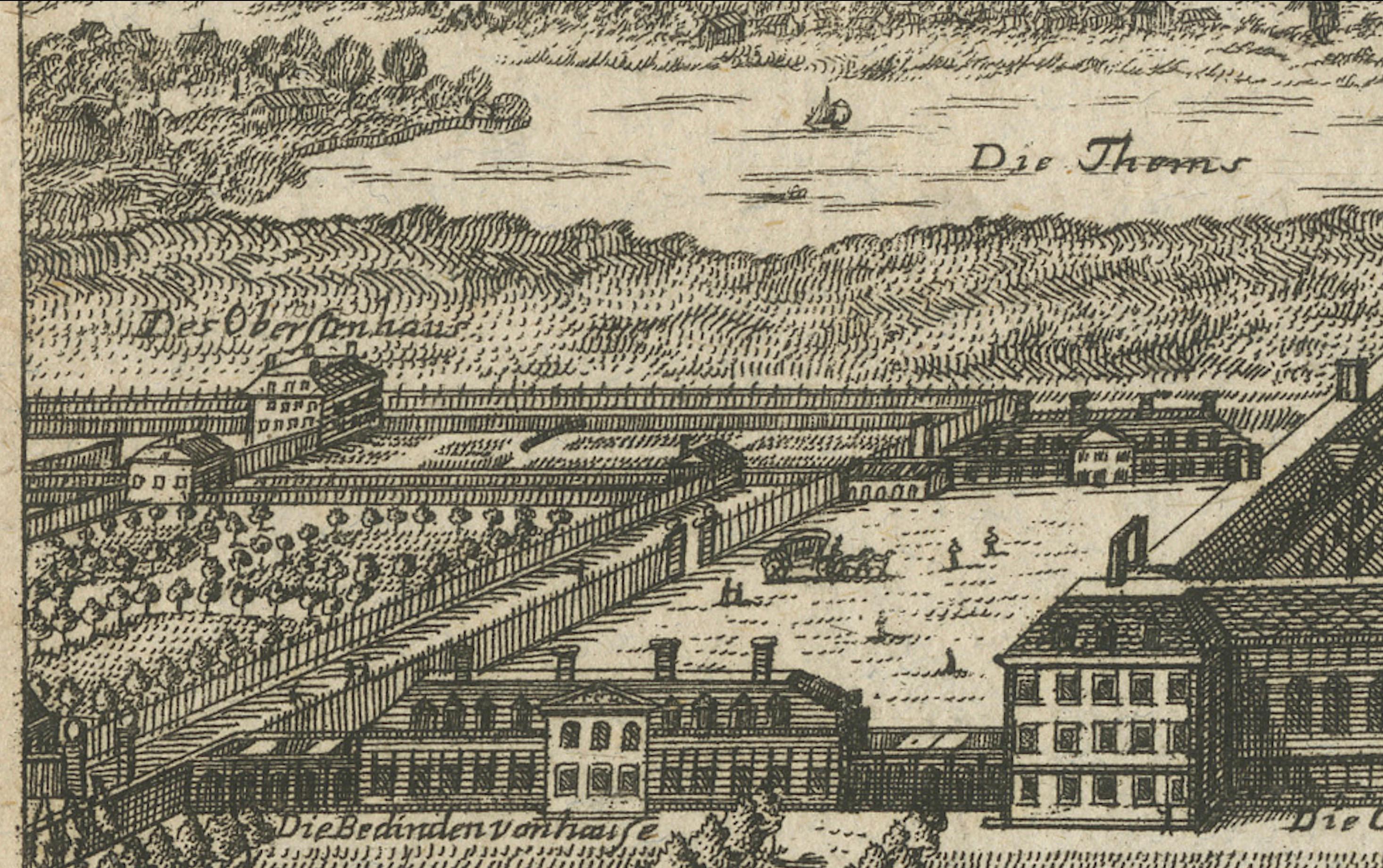 Gravé Gravure ancienne du Chelsea College - Vue des jardins à la française, vers 1705 en vente