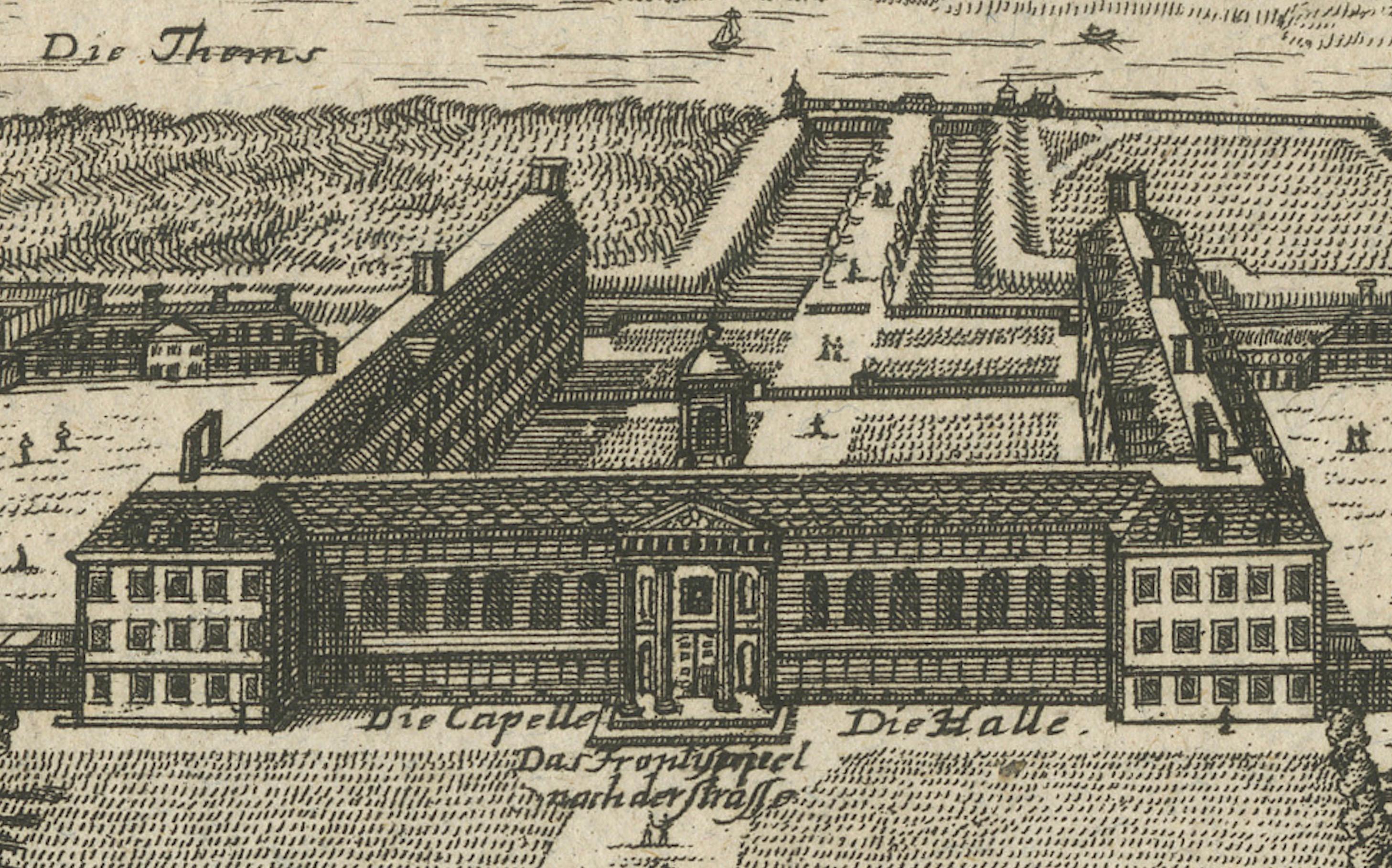 Gravure ancienne du Chelsea College - Vue des jardins à la française, vers 1705 Bon état - En vente à Langweer, NL