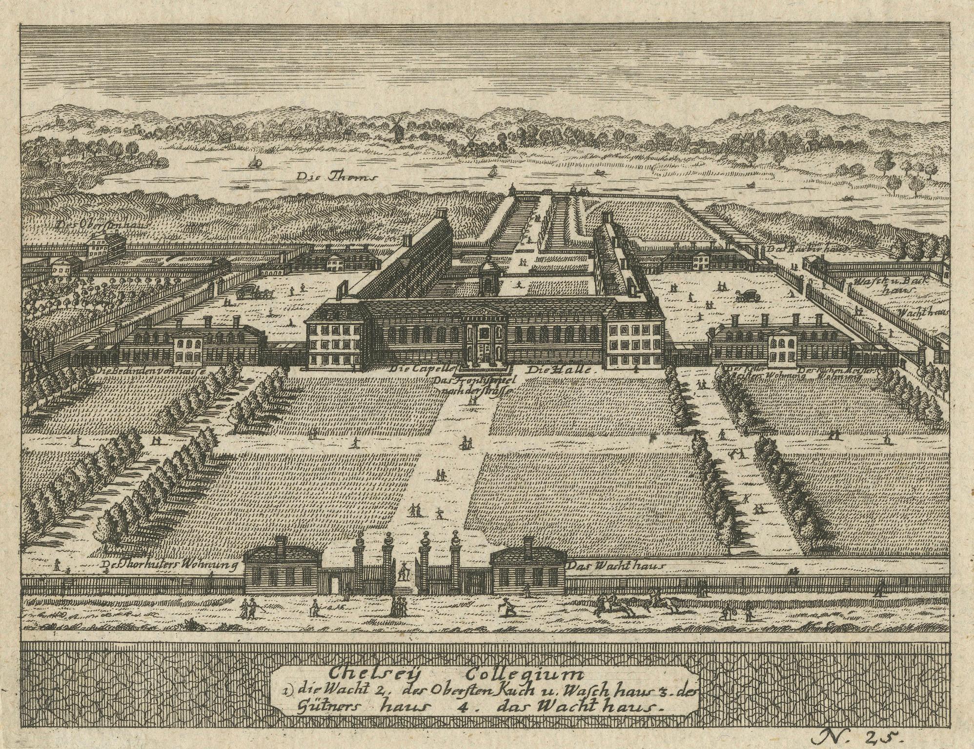 XVIIIe siècle Gravure ancienne du Chelsea College - Vue des jardins à la française, vers 1705 en vente