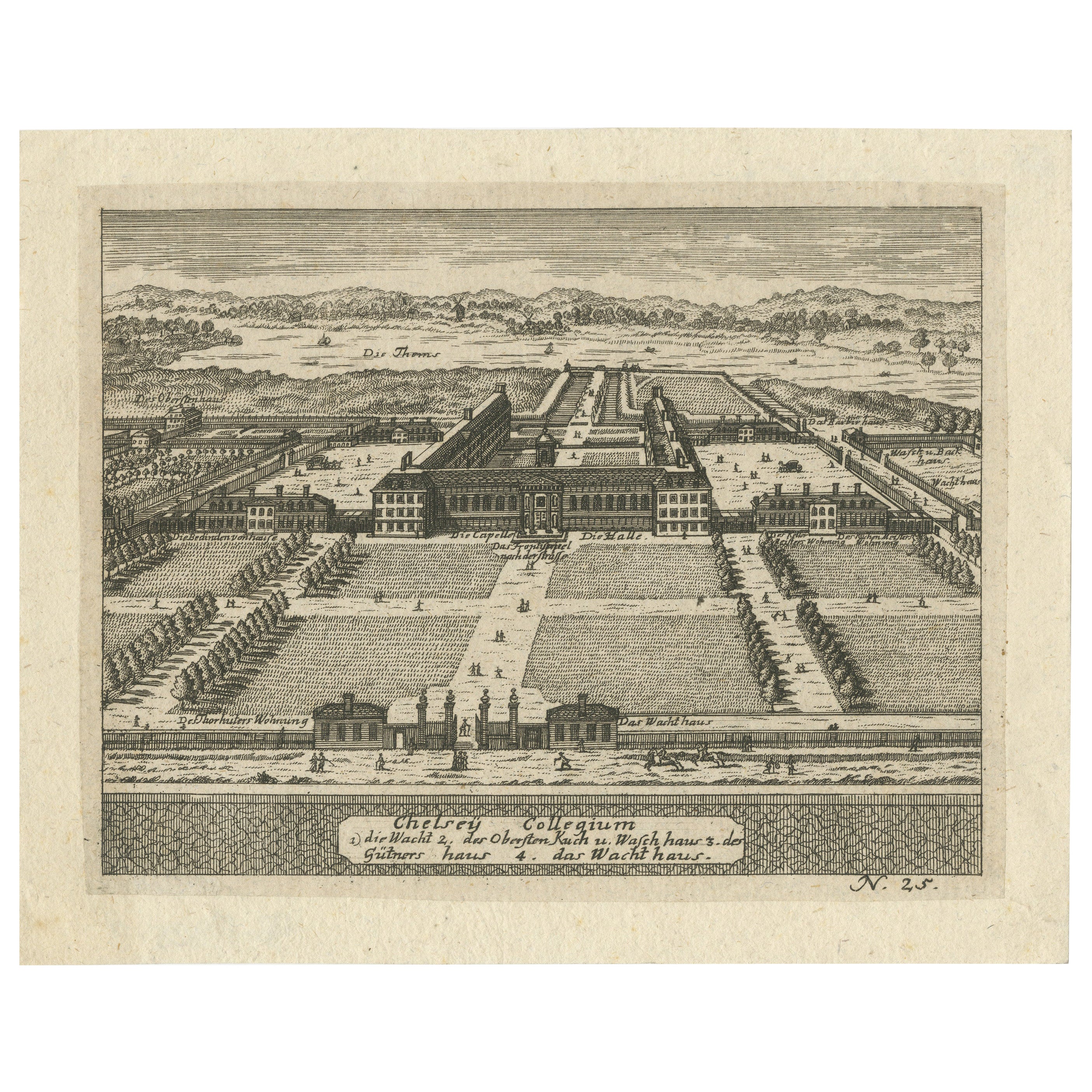 Gravure ancienne du Chelsea College - Vue des jardins à la française, vers 1705 en vente