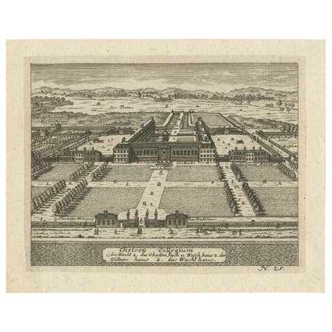 Antique Engraving of Chelsea College – View with Formal Gardens, ca.1705