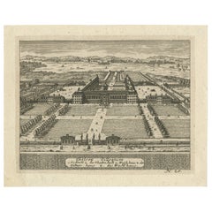 Gravure ancienne du Chelsea College - Vue des jardins à la française, vers 1705