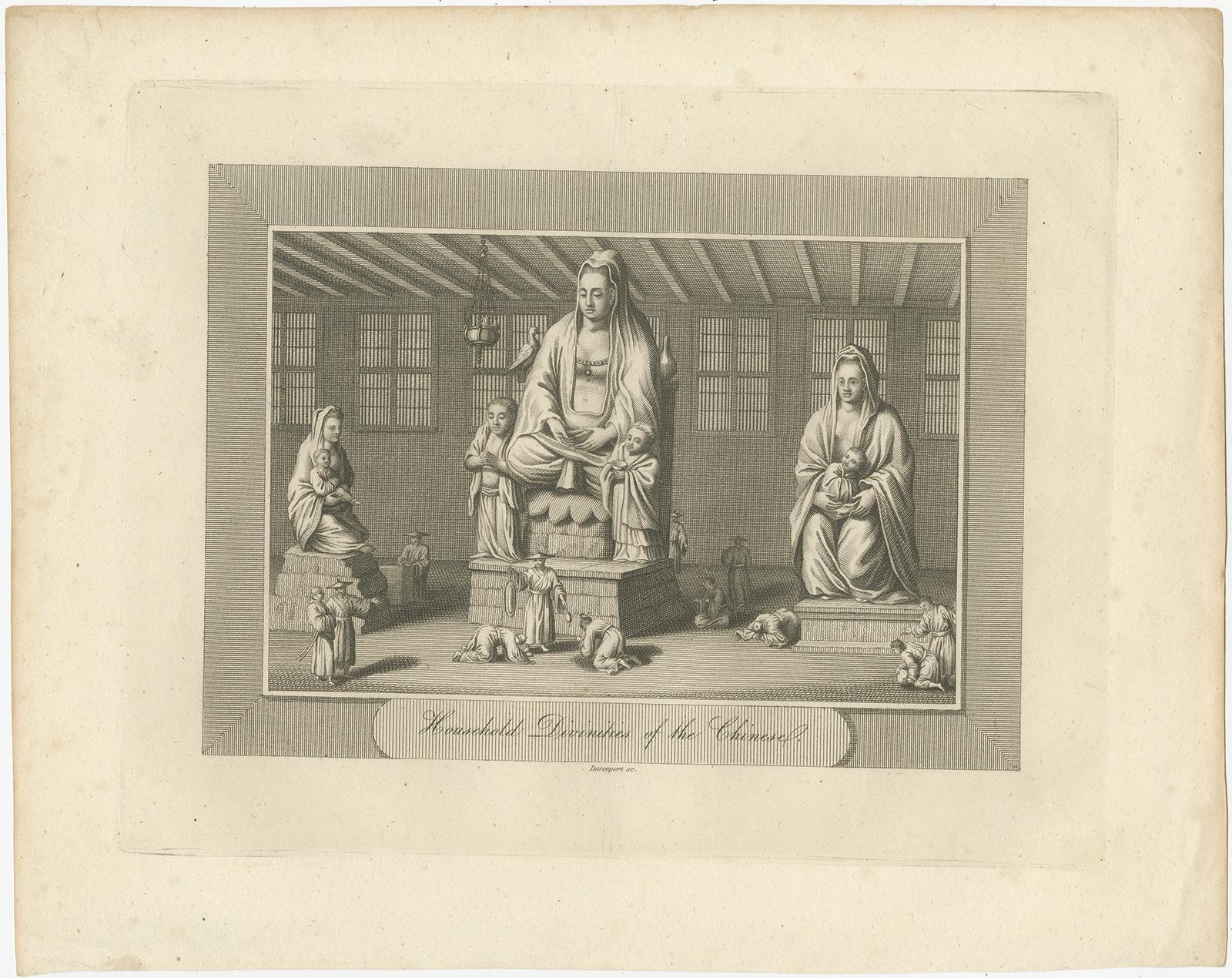 Antique print titled 'Household Divinities of the Chinese'. 

Engraving of a Chinese deities. This print originates from 'The World: or the Present State of the Universe. Being a General and Complete Collection of Modern Voyages and Travels' by