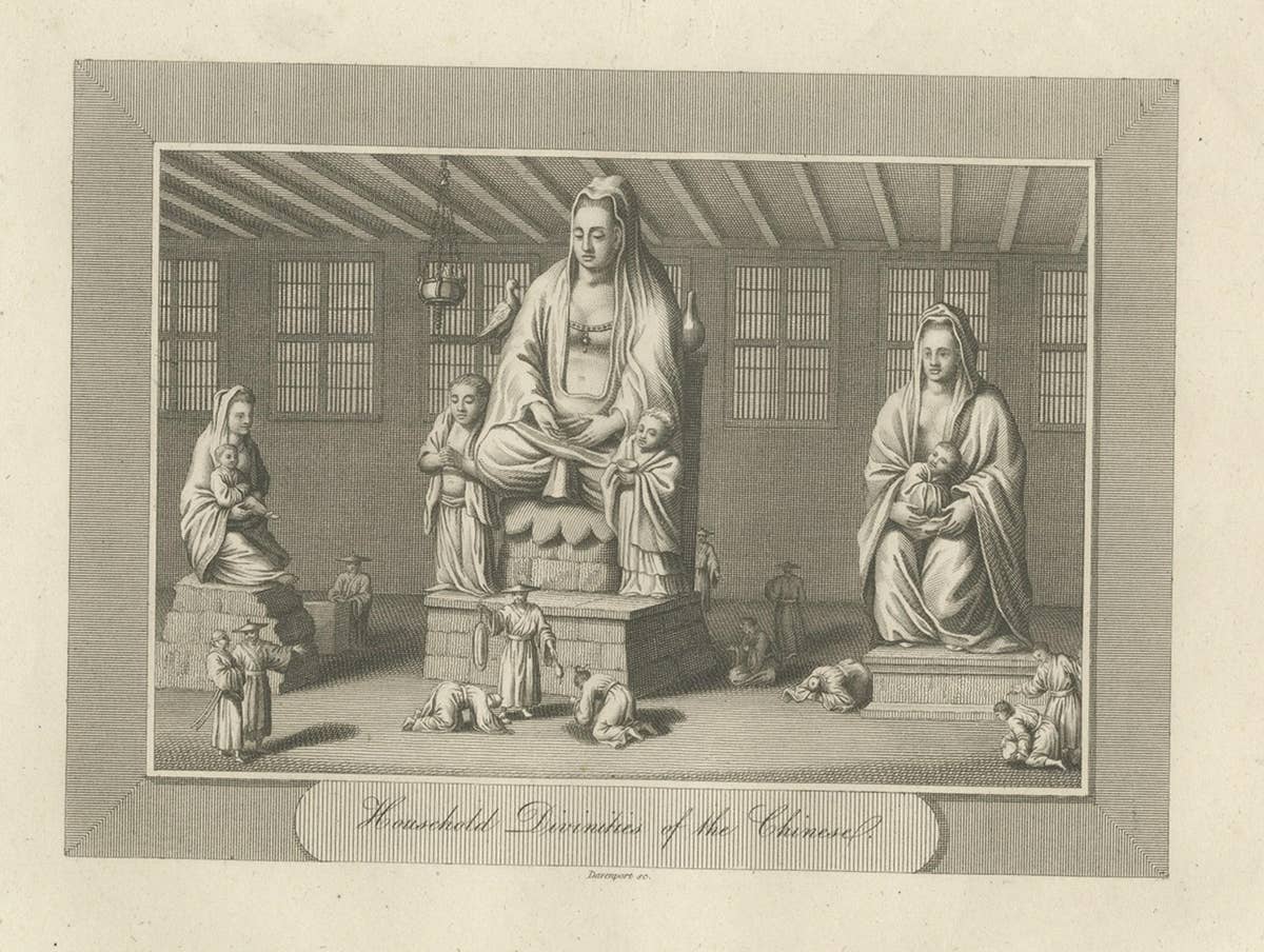 Antique Engraving of Household Divinities, Chinese, Paper, Circa 1808