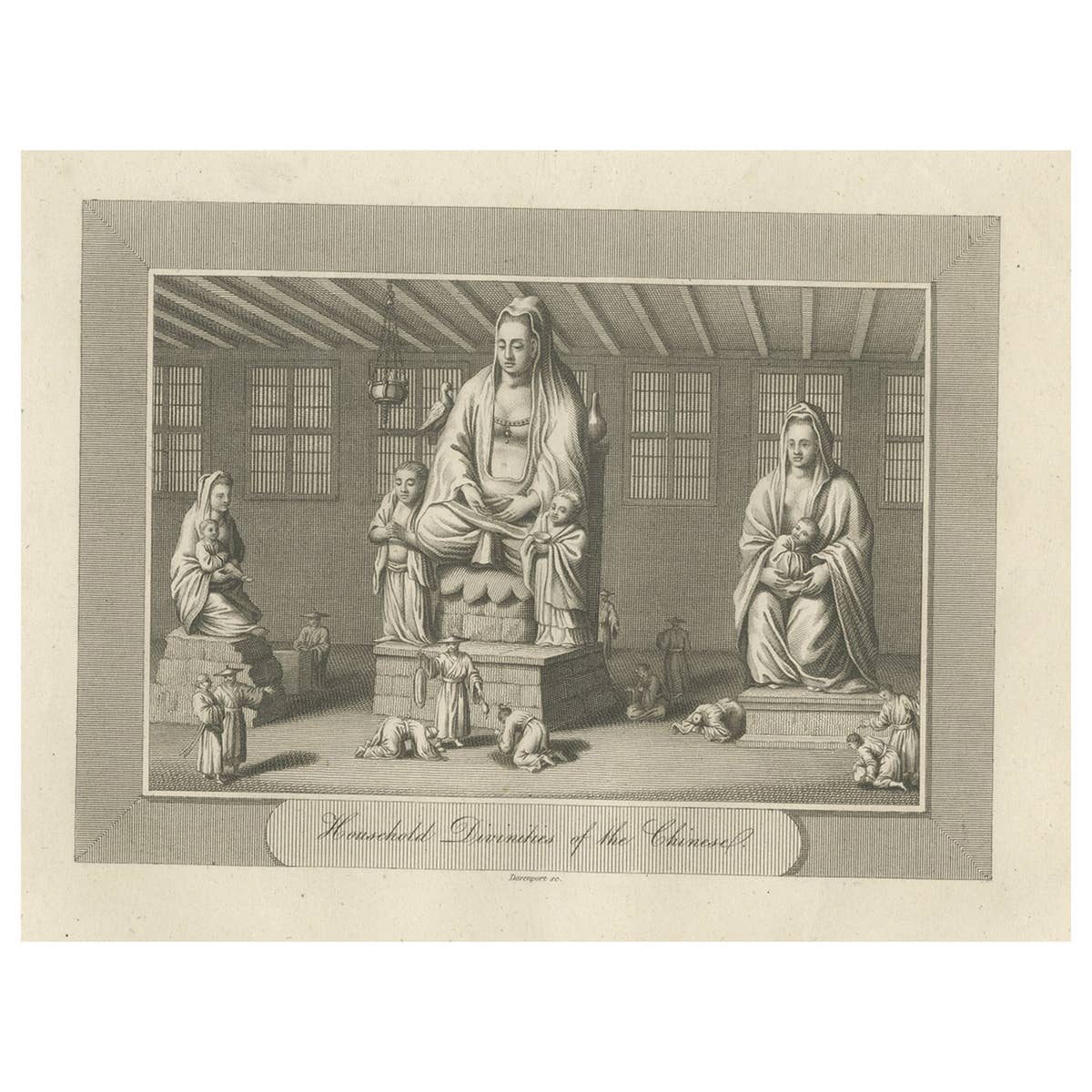 Antique Engraving of Household Divinities, Chinese, Paper, Circa 1808