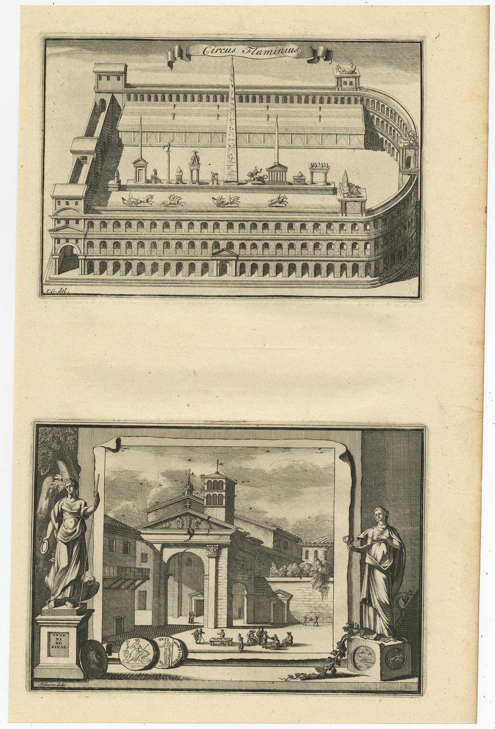 Description: Antique print, titled: 'Circus Flaminius (…)' - 

This original old antique print shows a reconstruction of Circus Flaminius, a large, circular area in ancient Rome, located in the southern end of the Campus Martius near the Tiber