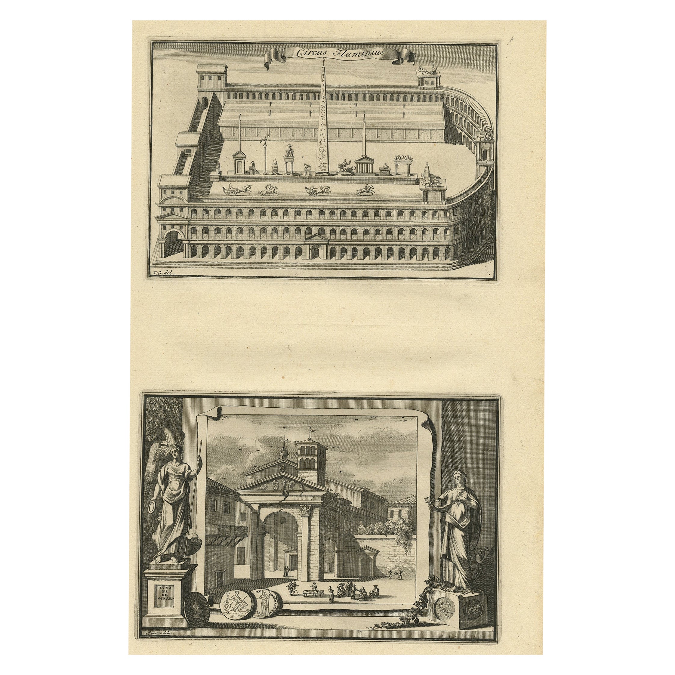Antique Engraving of Circus Flaminius, a Circular Area in Ancient Rome, 1704