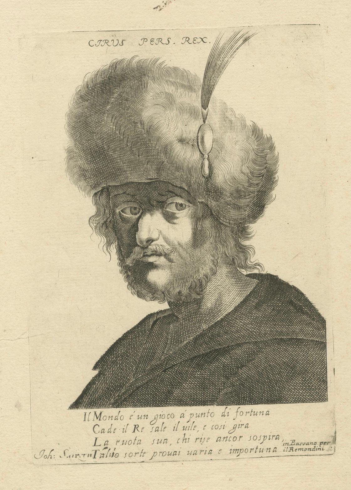 Antiker Stich von Cyrus dem Großen, König von Persien, Remondini, um 1750

Dieser antike Kupferstich zeigt Kyros den Großen (ca. 600-530 v. Chr.), den legendären Gründer des Achämenidenreiches und einen der bedeutendsten Herrscher der antiken