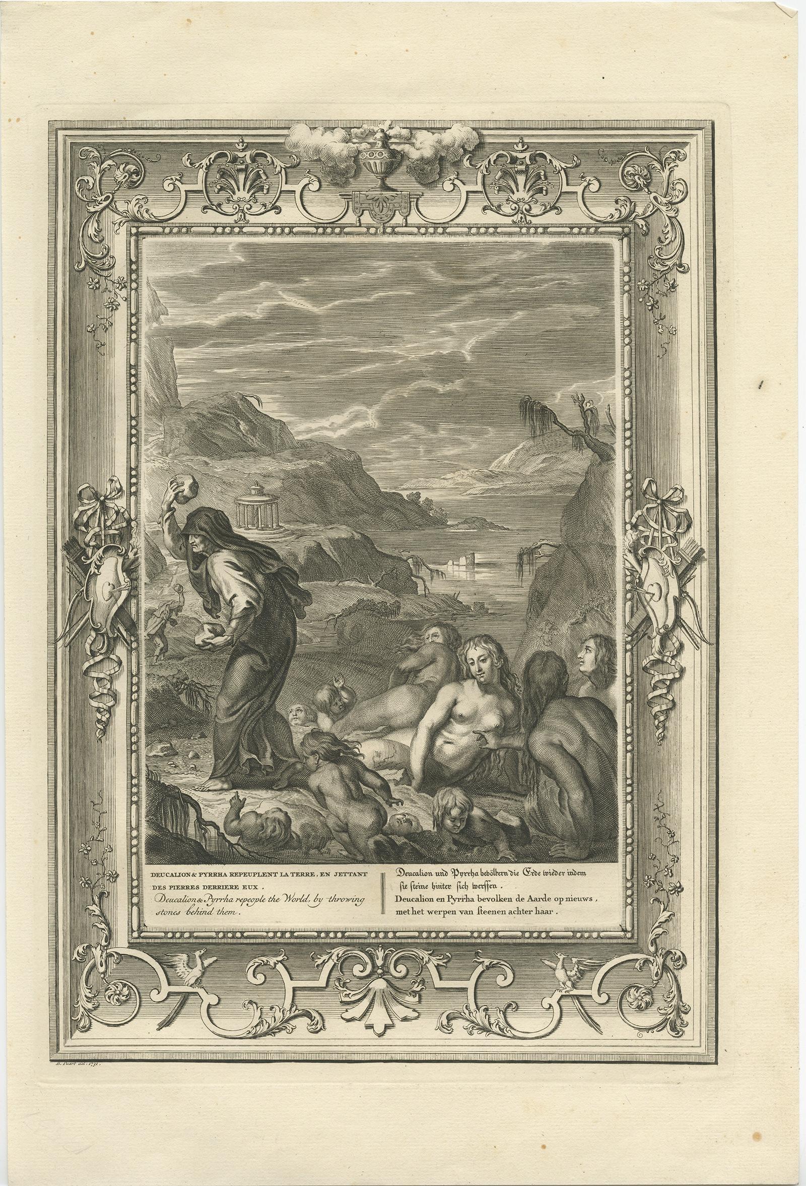 Antique print titled 'Deucalion & Pyrrha (..)'. 

This print depicts Deucalion and Pyrrha. Deucalion, who reigned over the region of Phthia, had been forewarned of the flood by his father, Prometheus. 

In Greek mythology Phthia was a city or