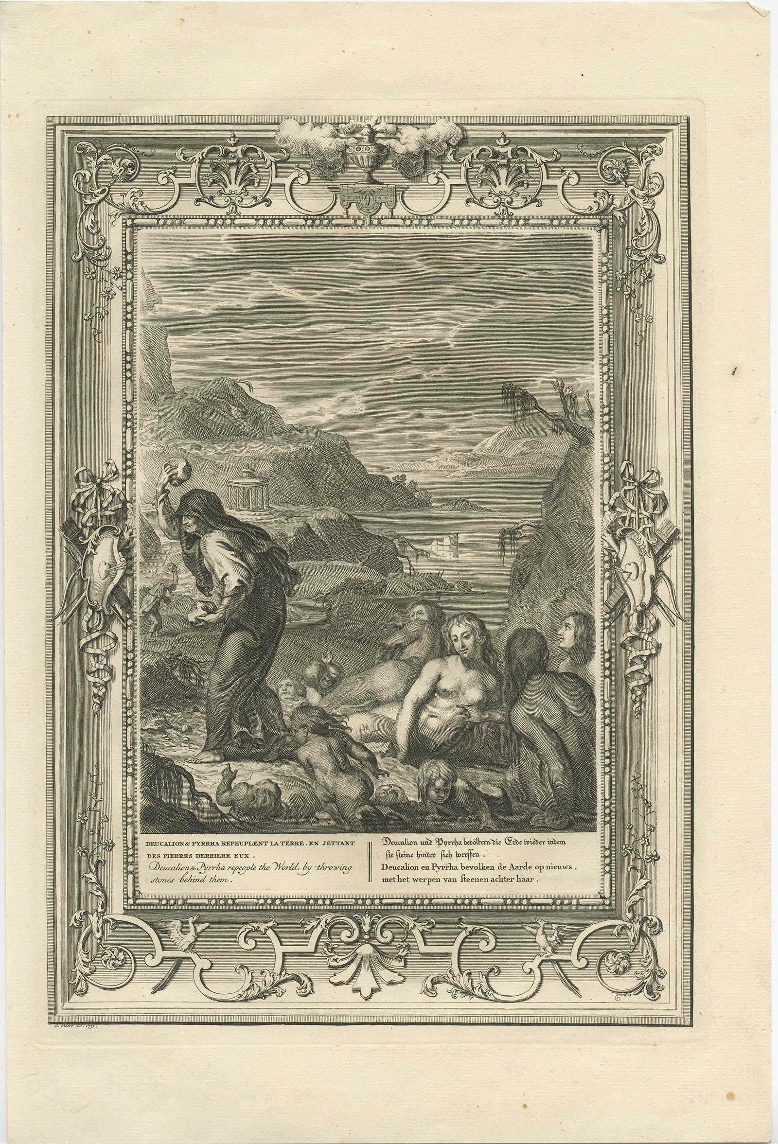 Stampa antica dal titolo 'Deucalion & Pyrrha (..)'. 

Questa stampa raffigura Deucalione e Pirra. Deucalione, che regnava sulla regione di Ftia, era stato avvisato del diluvio da suo padre, Prometeo. 

Nella mitologia greca la Ftia era una città