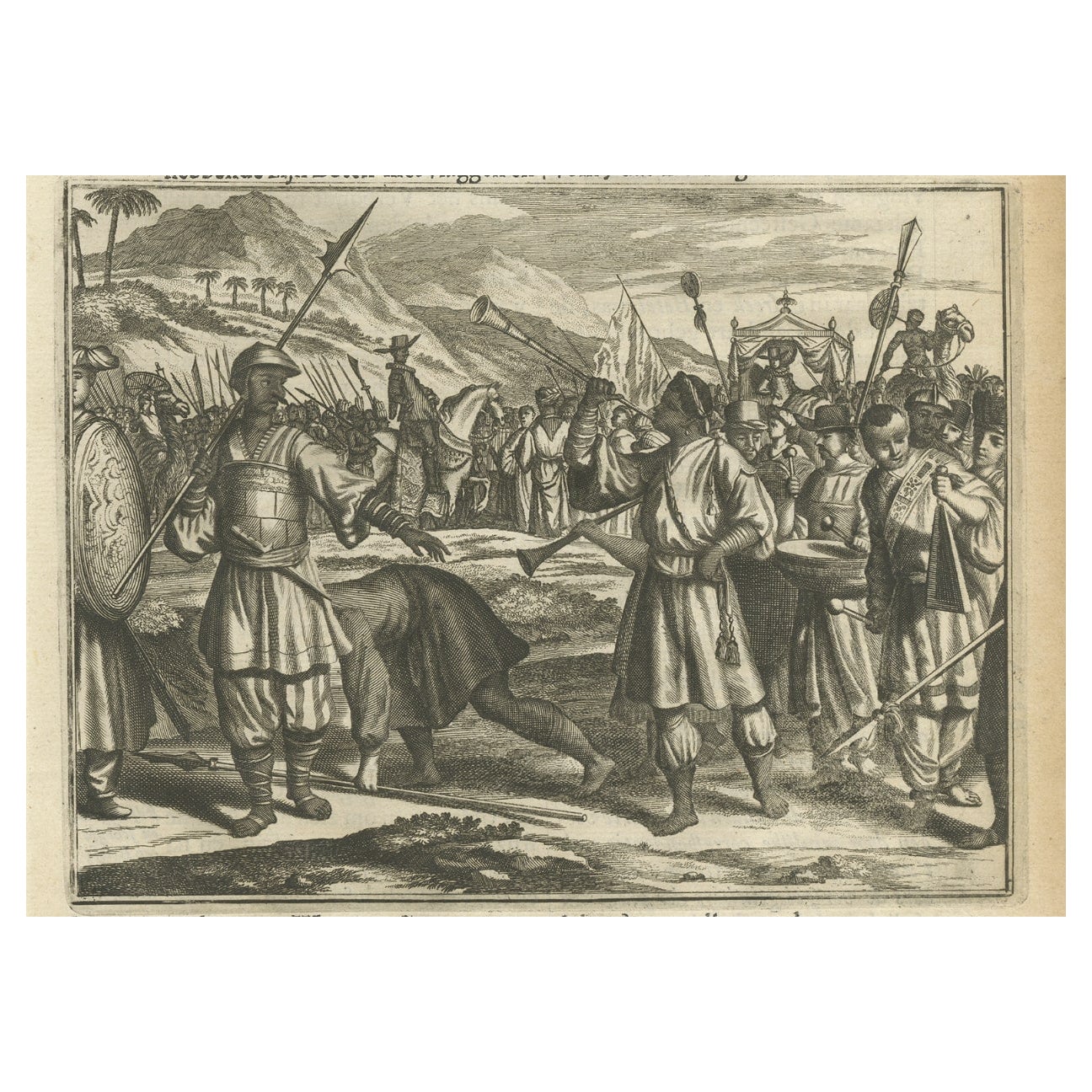 Antike Gravur von Don Vasco in Calicut oder Kozhikode in Kerala, Indien, 1672