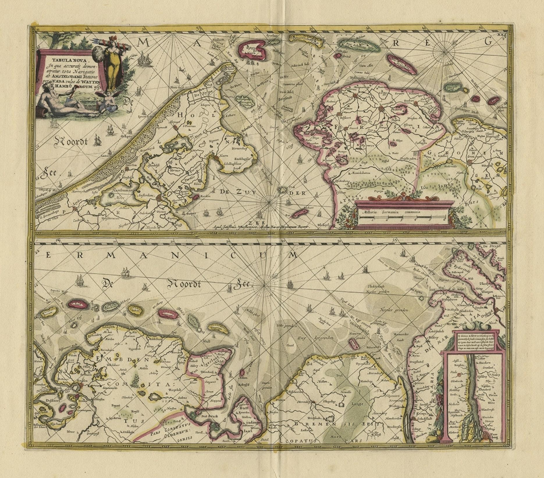 Antike Karte mit dem Titel 'Tabula Nova In qua accuratè demonstratur tota Navigatio ab Amstelodami Statione per Vada vulgo de Watten Hamburgum usq. 

Zwei Karten mit der holländischen und deutschen Nordseeküste Frieslands, mit westfriesischen Inseln