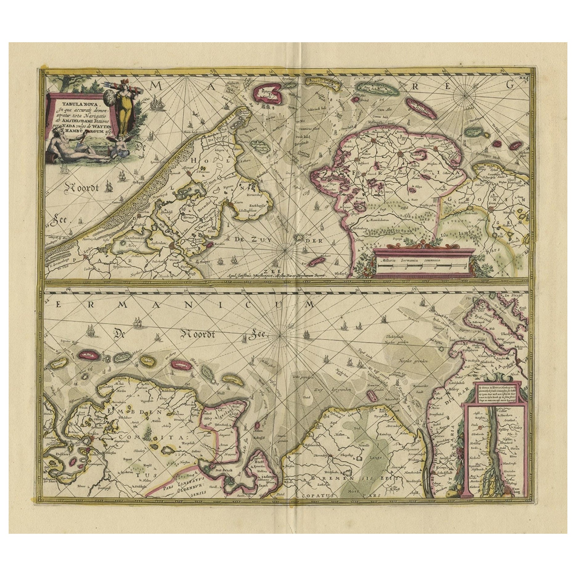 Incisione antica della costa olandese e tedesca del Mare del Nord della Frisia, 1680 ca.
