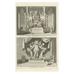 Incisione antica delle divinità dell'India orientale Quenevadi e Ixora, 1722