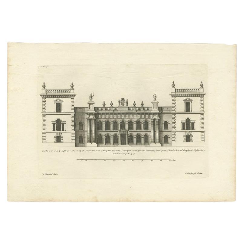 Antique print titled 'The North front of Grimsthorp in the County of Lincoln the Seat of his Grace the Duke of Ancaster and Kestevan Hereditary Lord great Chamberlain of England'. 

Grimsthorpe Castle is a country house in Lincolnshire, England 4