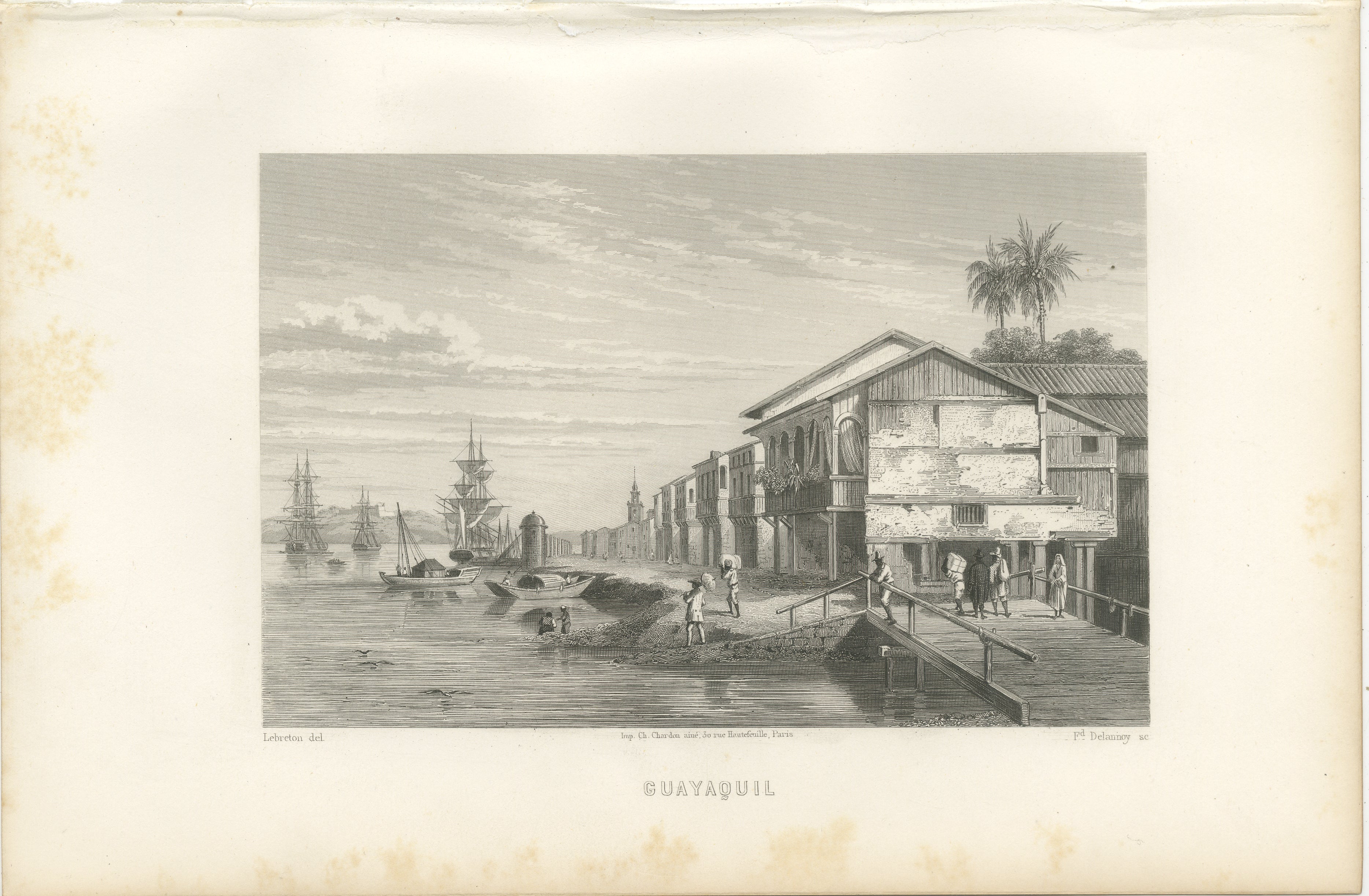Gravure ancienne de Guayaquil, vue du front de mer et du port, 1867

Belle gravure du XIXe siècle intitulée Guayaquil, publiée en 1867. La vue montre le front de mer animé de la plus grande ville portuaire de l'Équateur, avec des maisons en bois