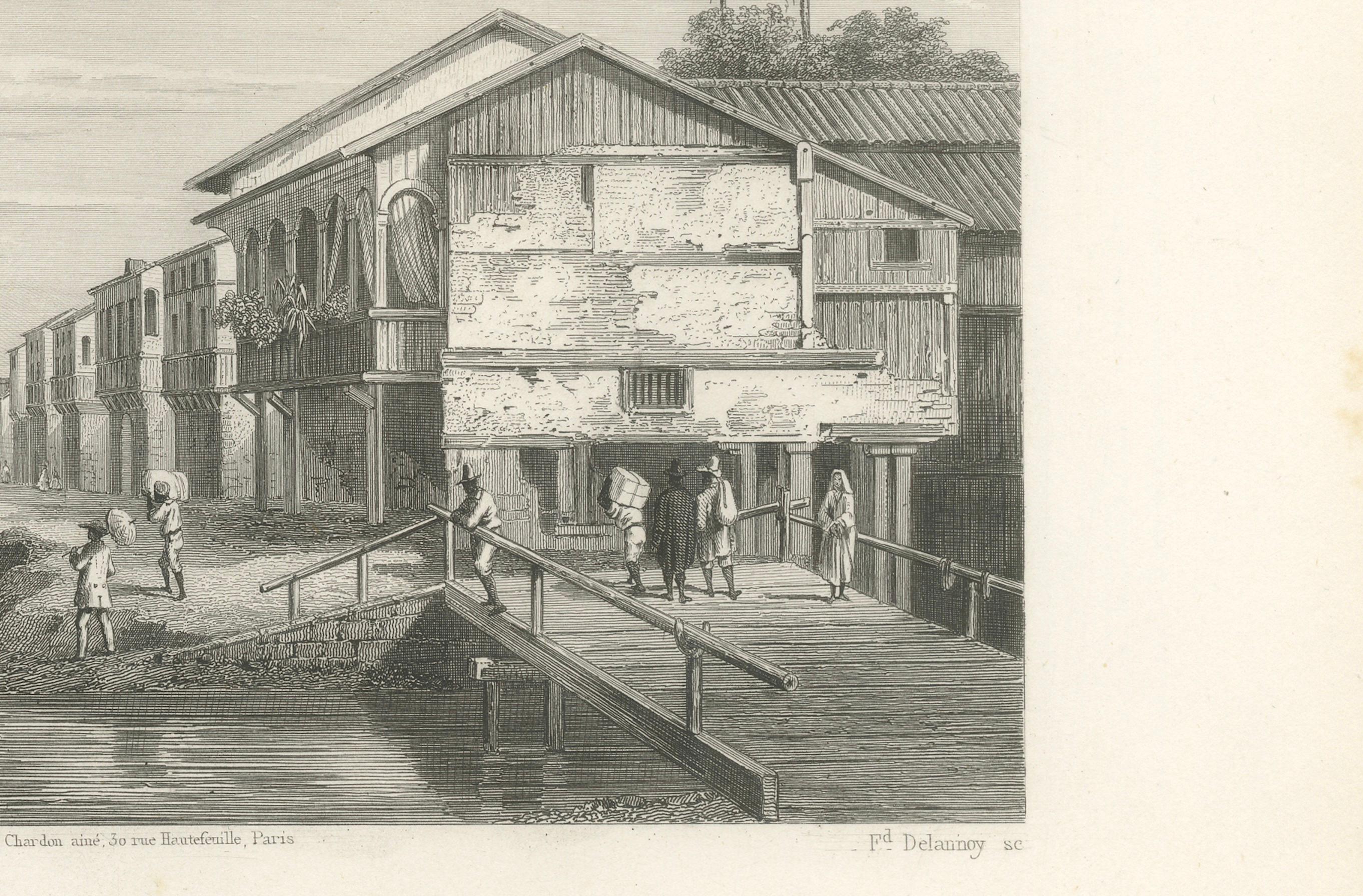 Français Gravure ancienne de Guayaquil - Vue du front de mer et du port, 1867 en vente