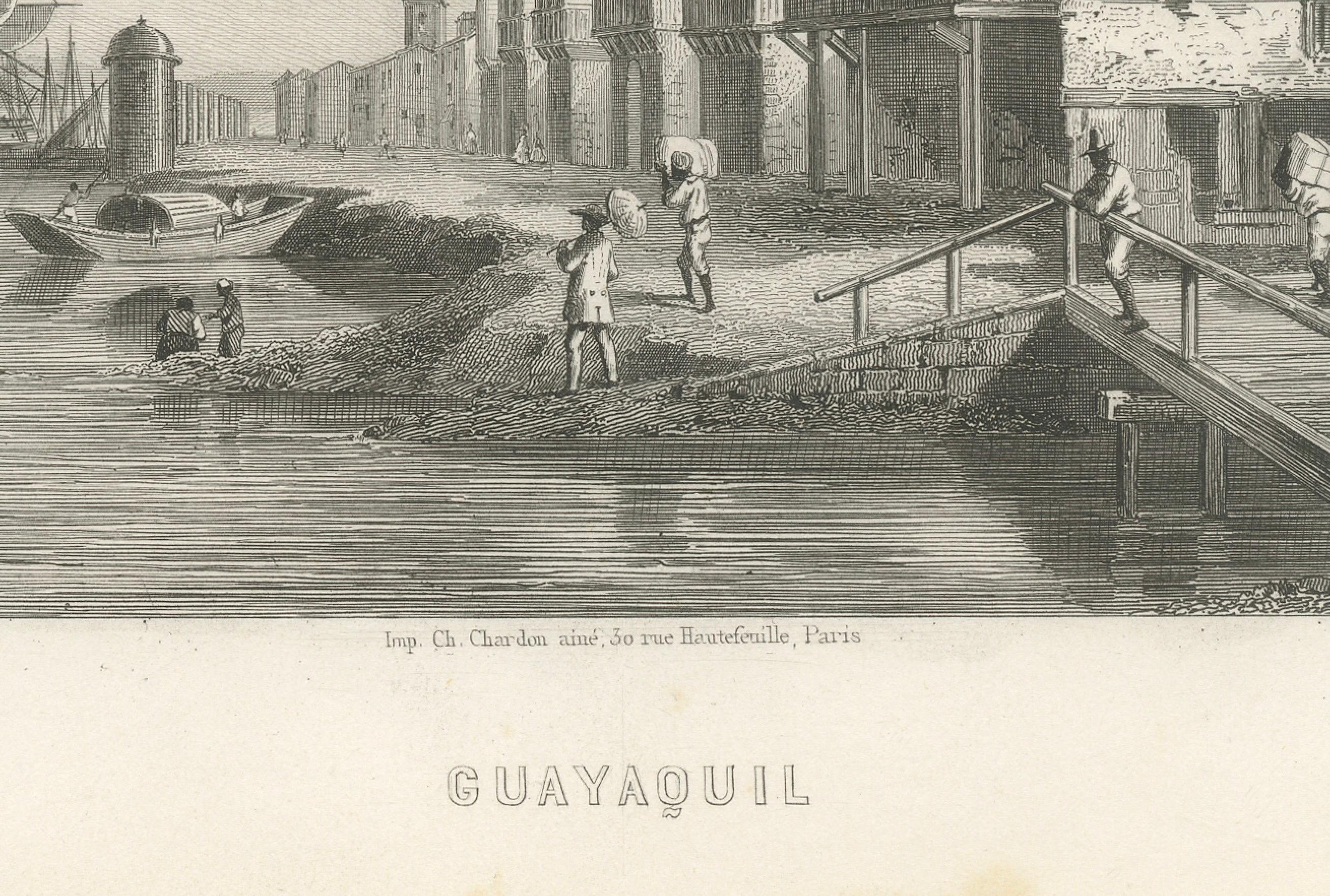 Gravé Gravure ancienne de Guayaquil - Vue du front de mer et du port, 1867 en vente