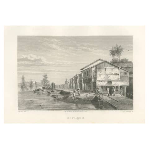 Antique Engraving of Guayaquil – Waterfront and Harbor City View, 1867