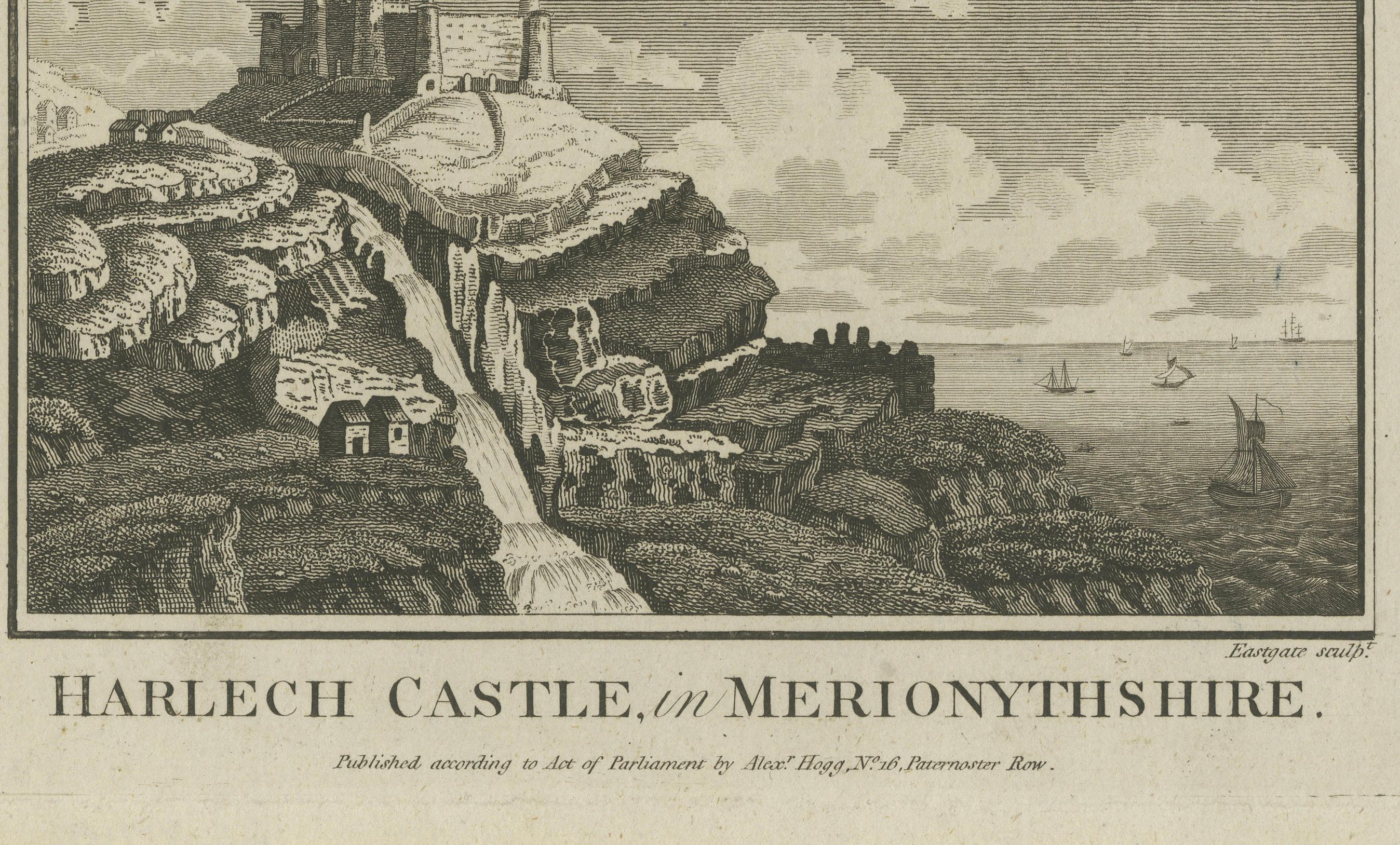Gravure ancienne du château de Harlech, Merionethshire, publiée par Alexander Hogg, C.1785-1795.

Cette gravure ancienne représente le château de Harlech dans le Merionethshire (aujourd'hui Gwynedd), l'un des châteaux les plus spectaculaires et les