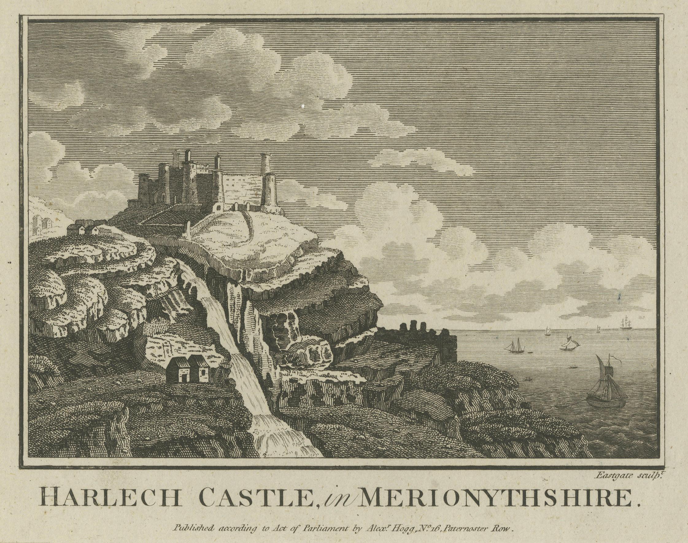 Gravure ancienne du château de Harlech, Merionethshire, publiée par A.I.C., c.1790 Bon état - En vente à Langweer, NL
