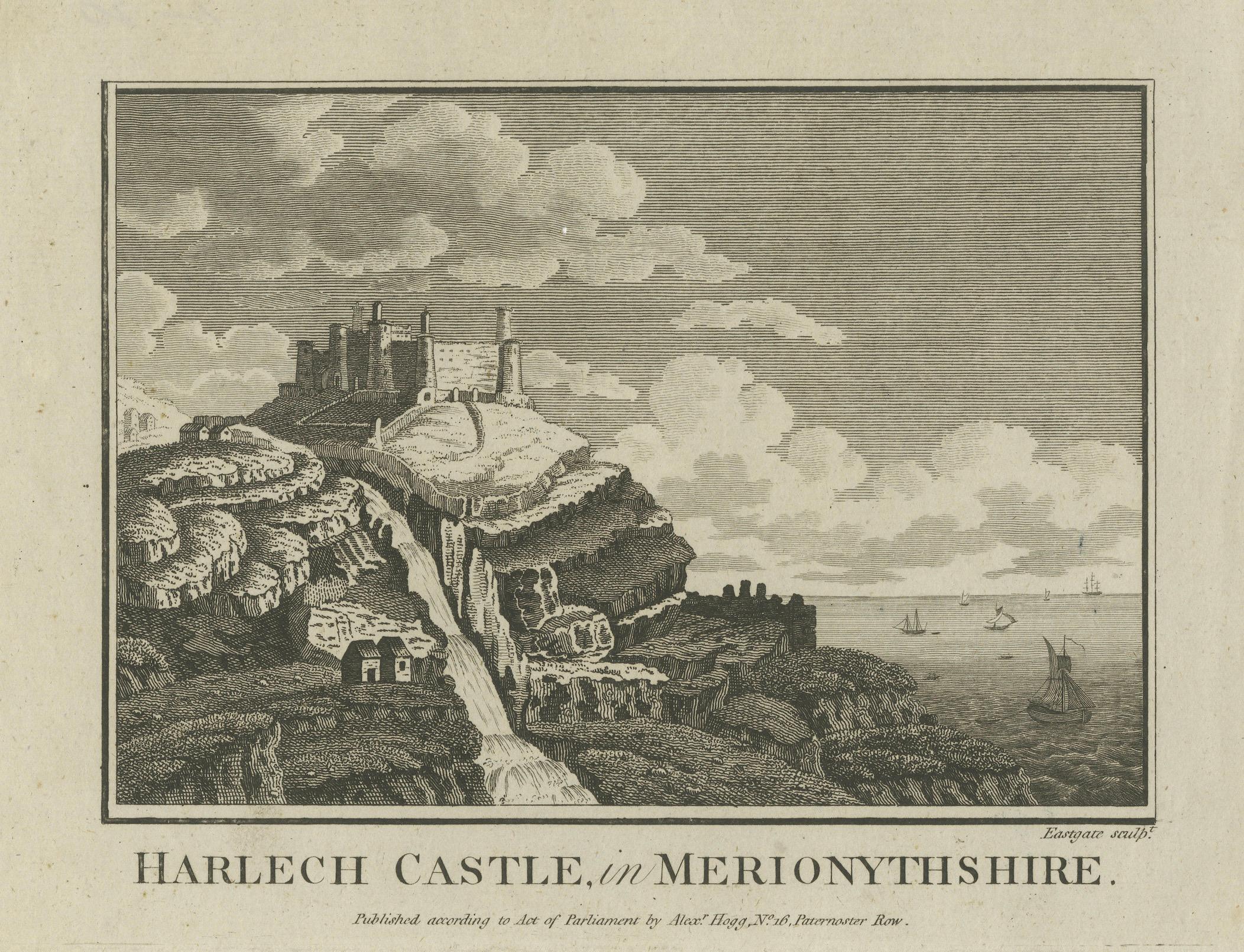 Fin du XVIIIe siècle Gravure ancienne du château de Harlech, Merionethshire, publiée par A.I.C., c.1790 en vente