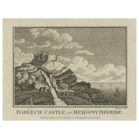 Antique engraving of Harlech Castle, Merionethshire, published by A.Hogg, c.1790