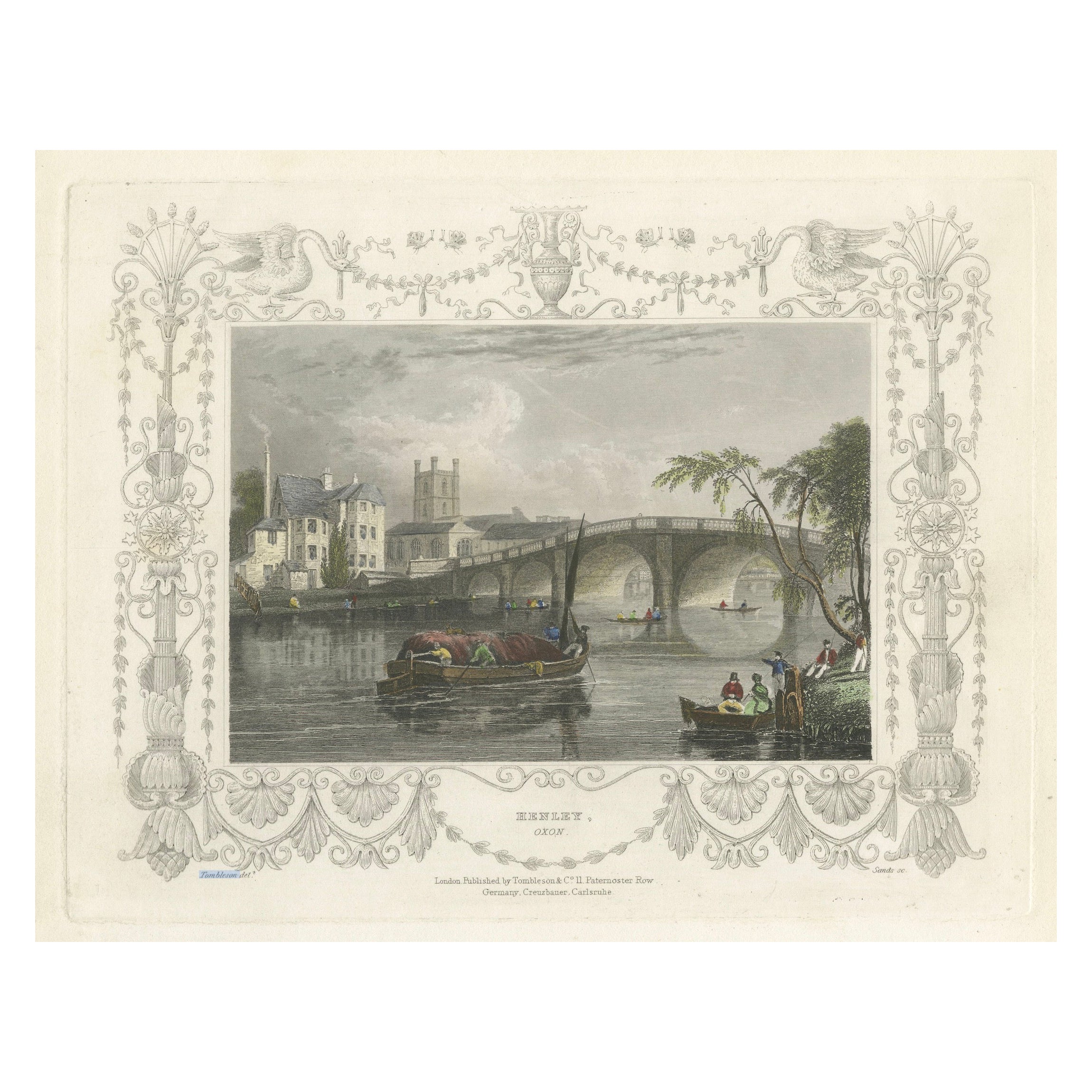 Gravure ancienne de Henley-on-Thames avec le pont et l'église, Tombleson, vers 1832