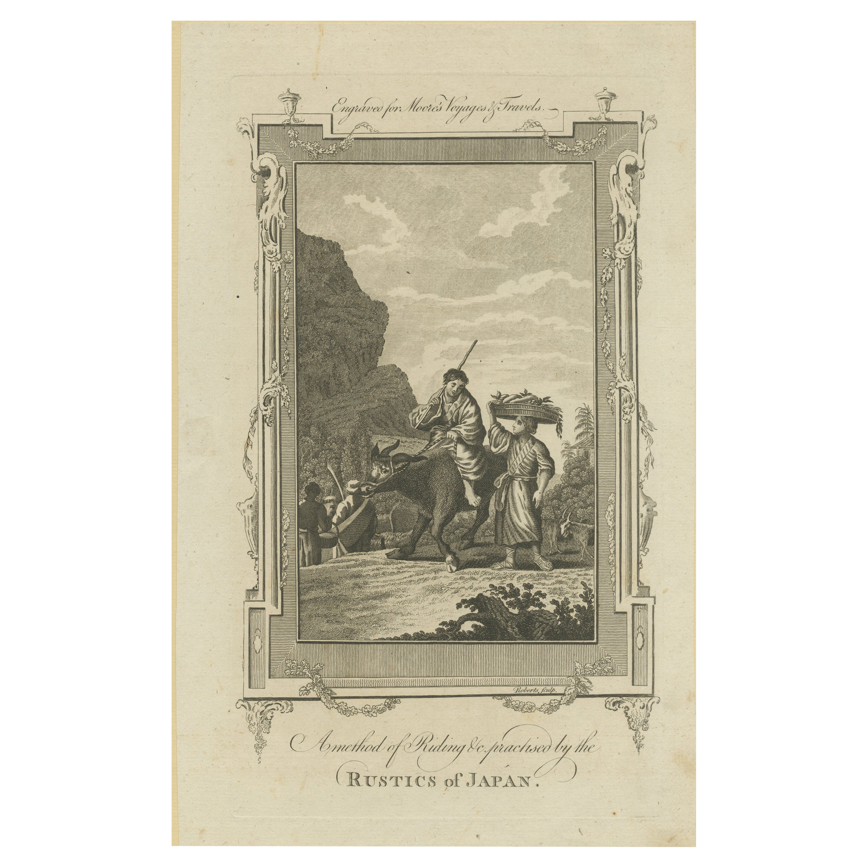 Gravure ancienne d'un peuple japonais chevauchant un taureau, 1778