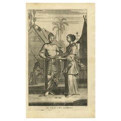 Gravure ancienne d'un homme et d'une femme japonaises en Indonésie, 1744