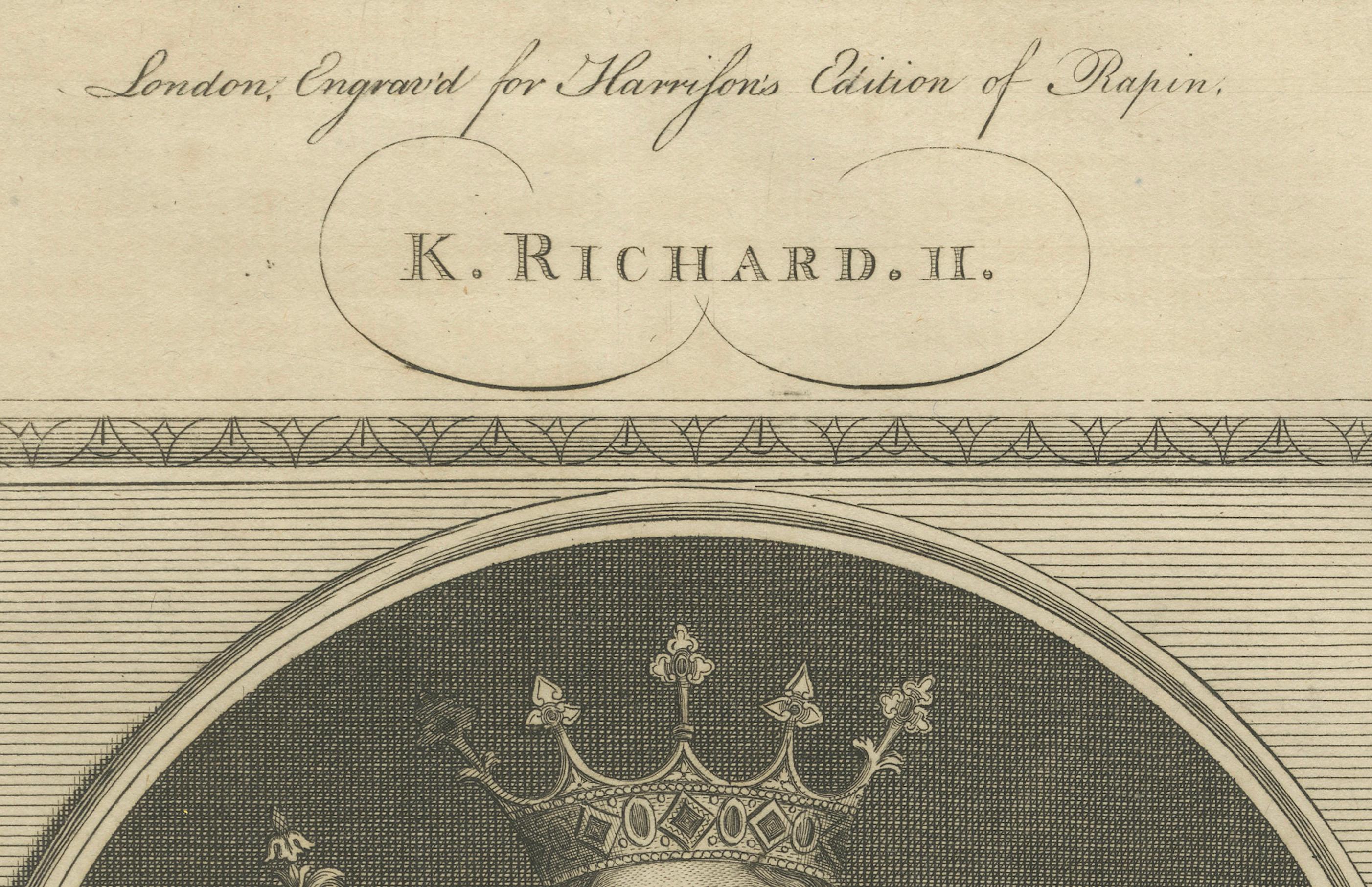 Grabado antiguo del rey Ricardo II - Publicado en Londres, 1785

Este fino grabado en cobre representa al rey Ricardo II de Inglaterra (1367-1400), que reinó desde 1377 hasta su deposición en 1399. Coronado y ataviado con un atuendo regio, Ricardo