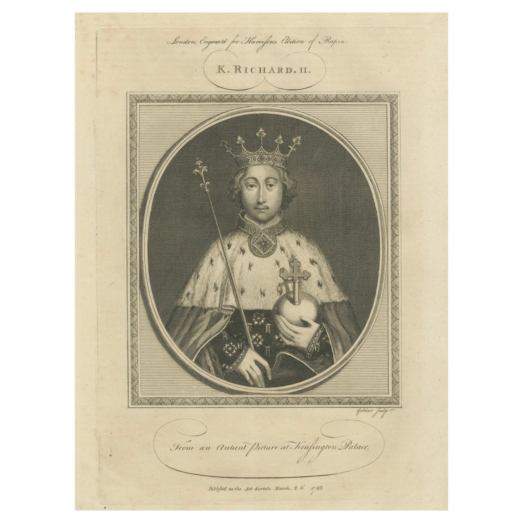Grabado antiguo del rey Ricardo II - Publicado en Londres, 1785 en venta
