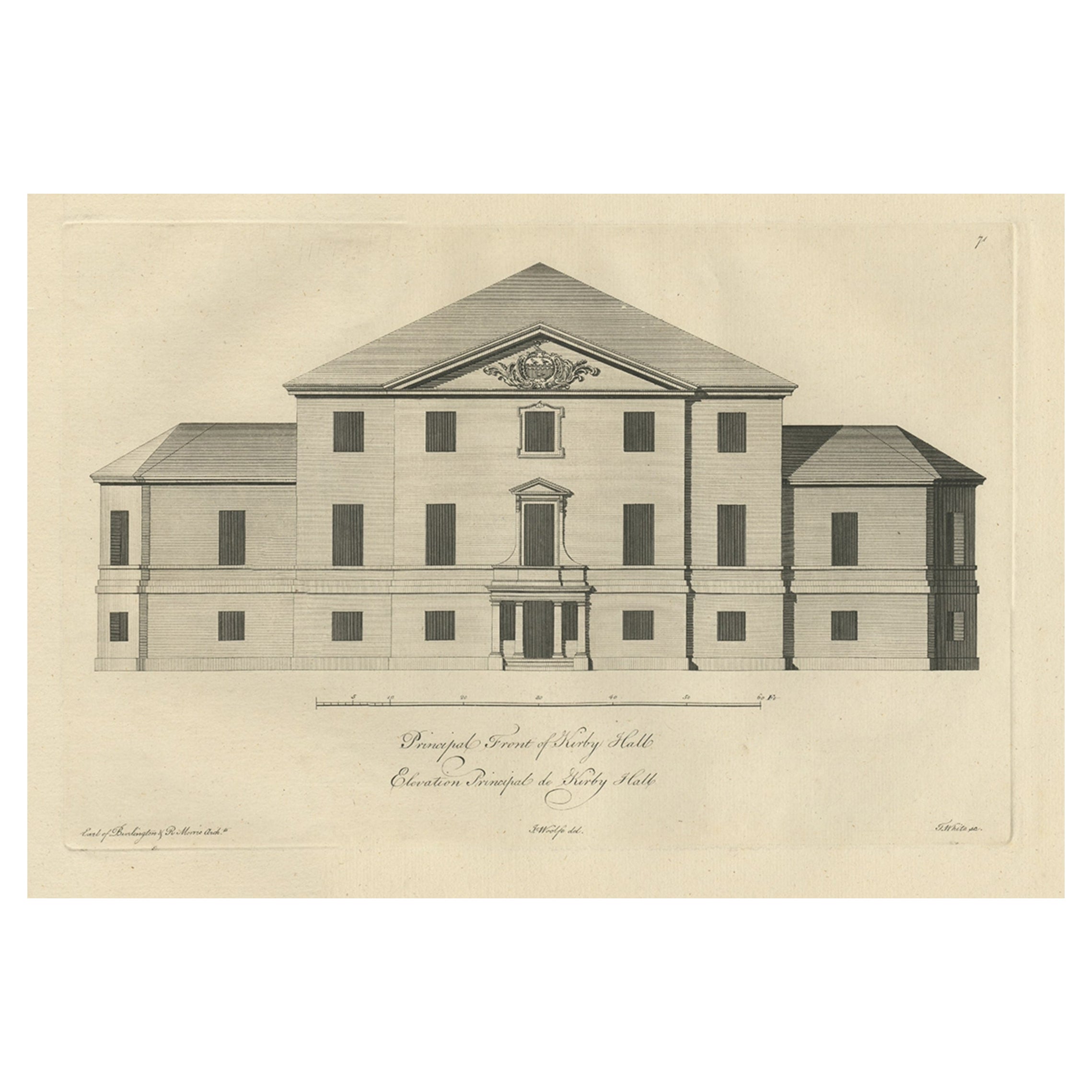 Gravure ancienne de Kirby Hall Near Gretton, Northamptonshire, Angleterre, vers 1770