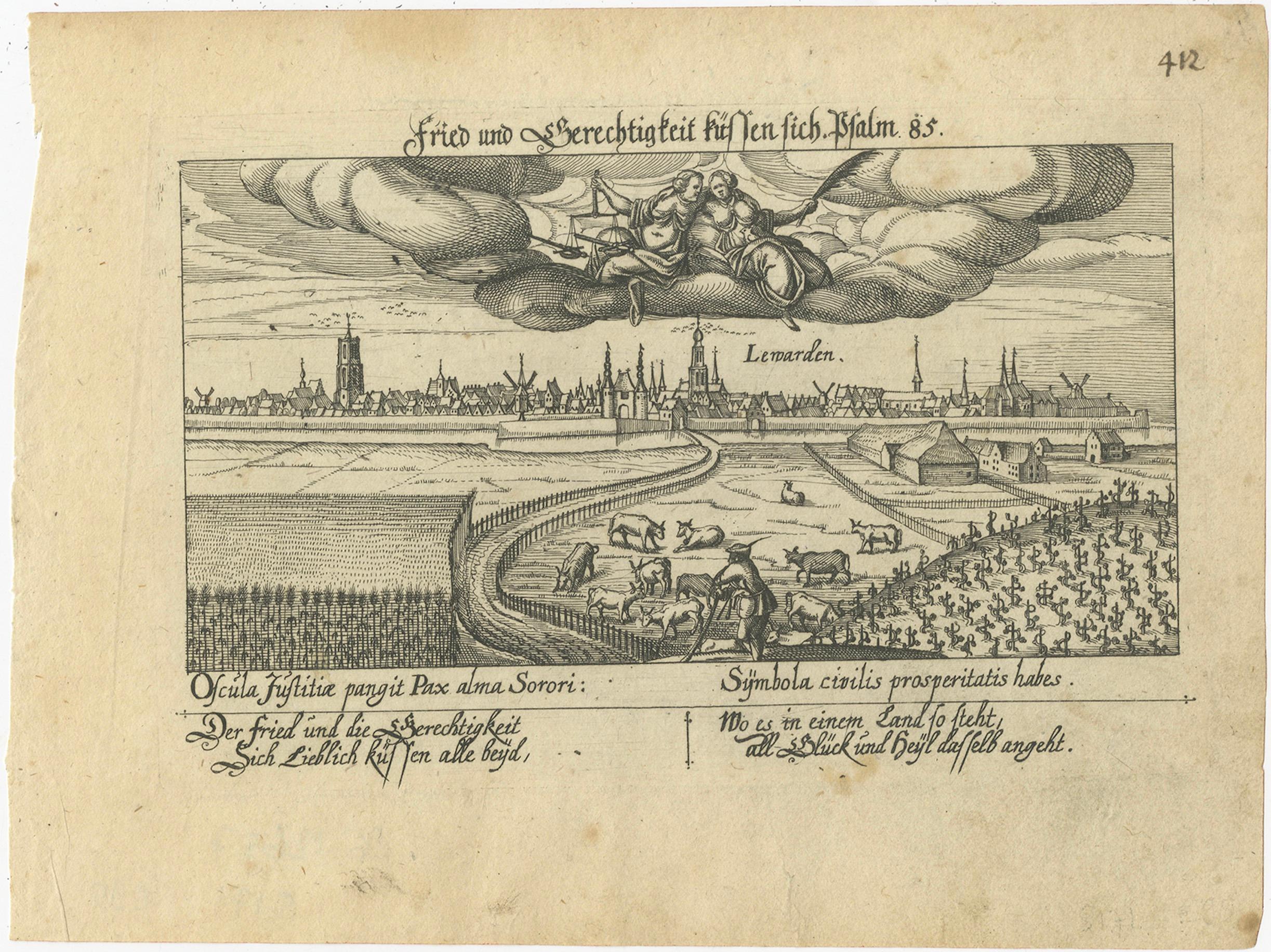 German Antique Engraving of Leeuwarden, Friesland with Peace and Justice, c.1625 For Sale
