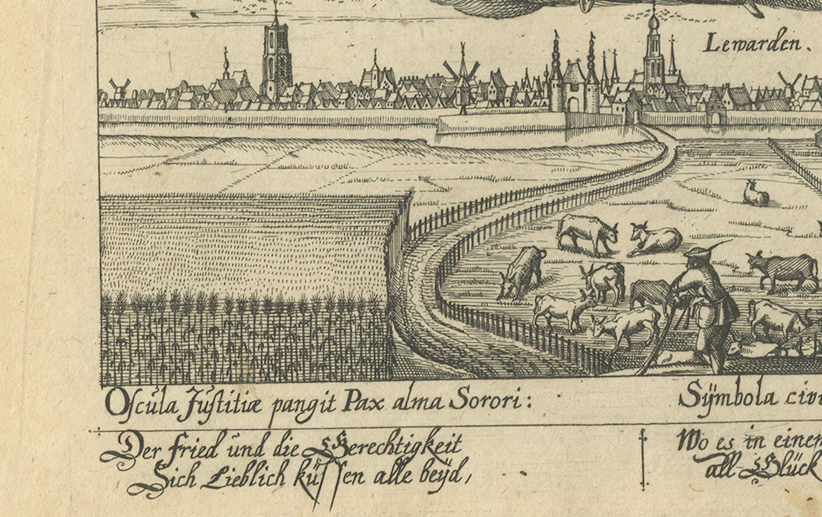 Engraved Antique Engraving of Leeuwarden, Friesland with Peace and Justice, c.1625 For Sale