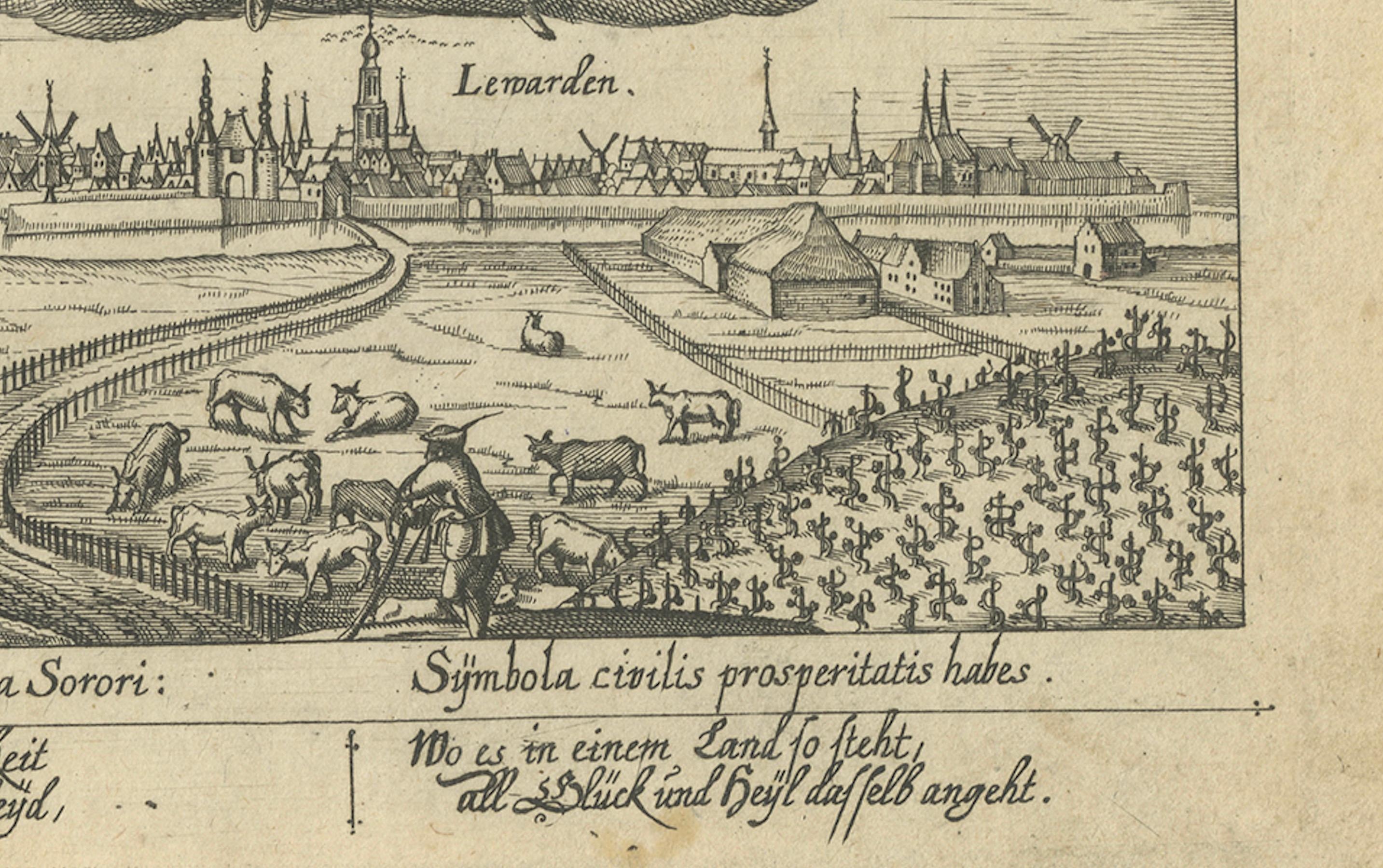 Antique Engraving of Leeuwarden, Friesland with Peace and Justice, c.1625 In Good Condition For Sale In Langweer, NL
