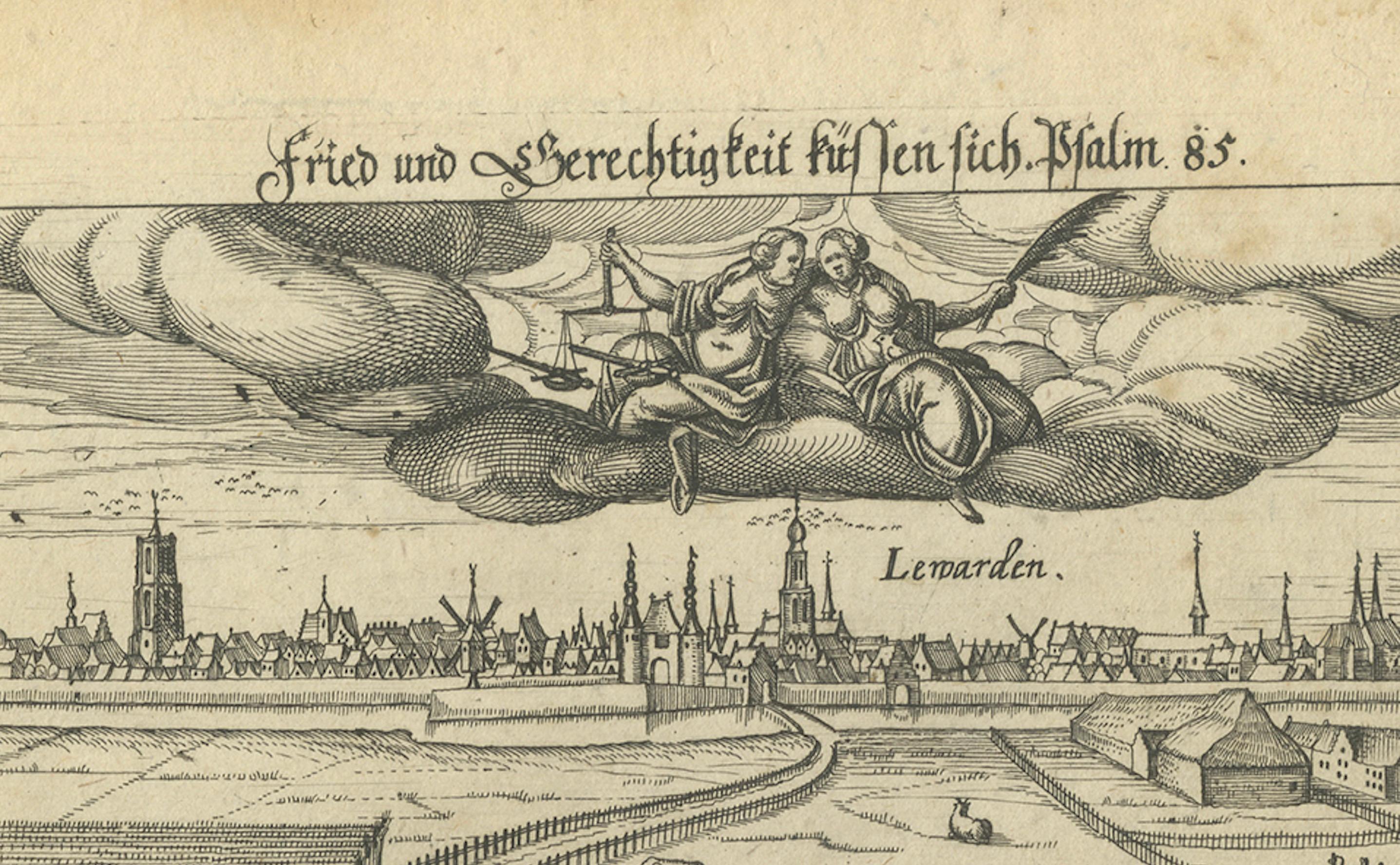 17th Century Antique Engraving of Leeuwarden, Friesland with Peace and Justice, c.1625 For Sale