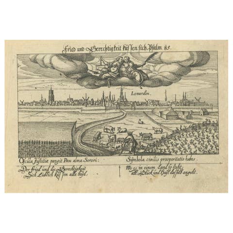 Antique Engraving of Leeuwarden, Friesland with Peace and Justice, c.1625