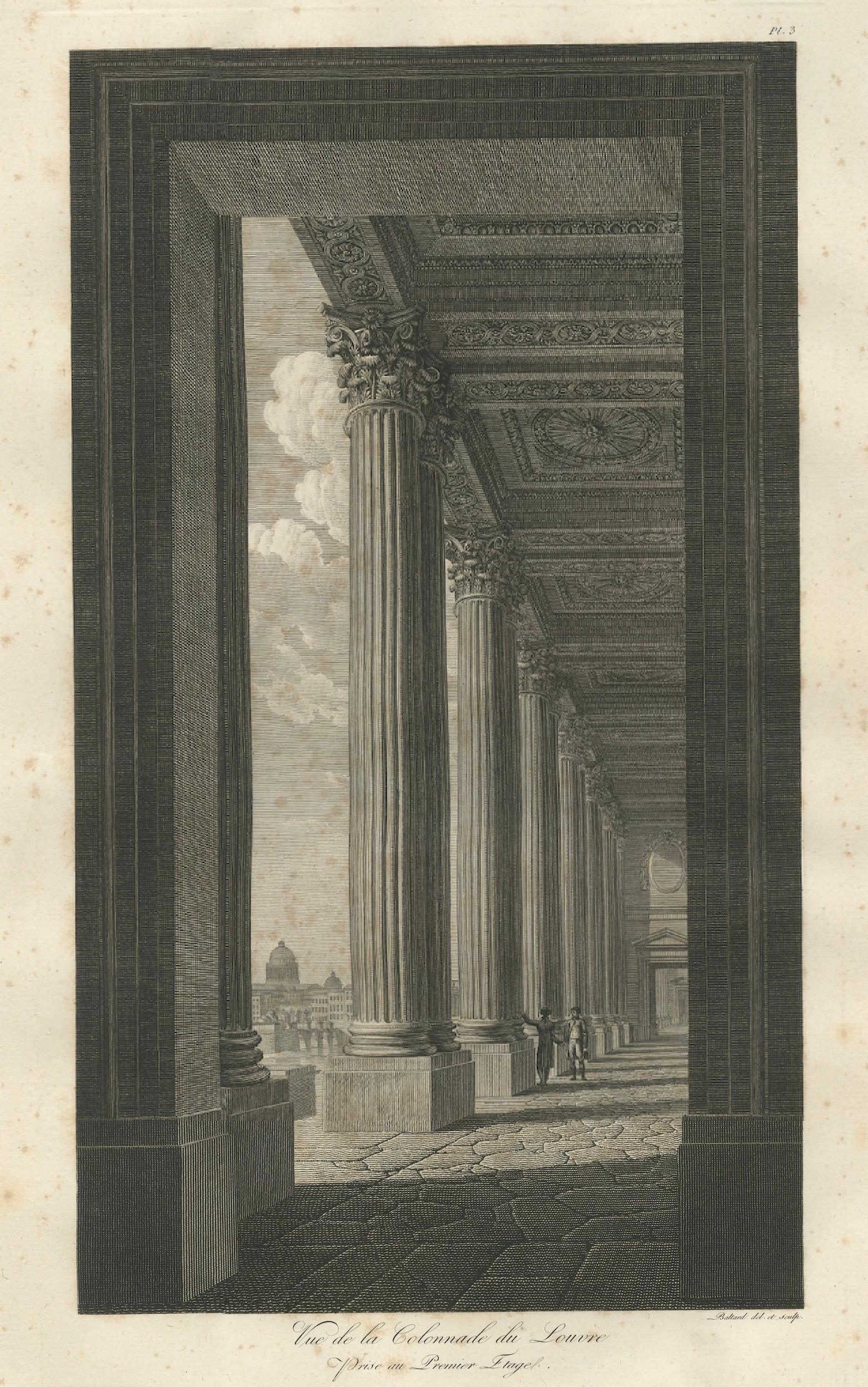 Antique Engraving of Louvre Colonnade, Neoclassical, 1803, Unframed