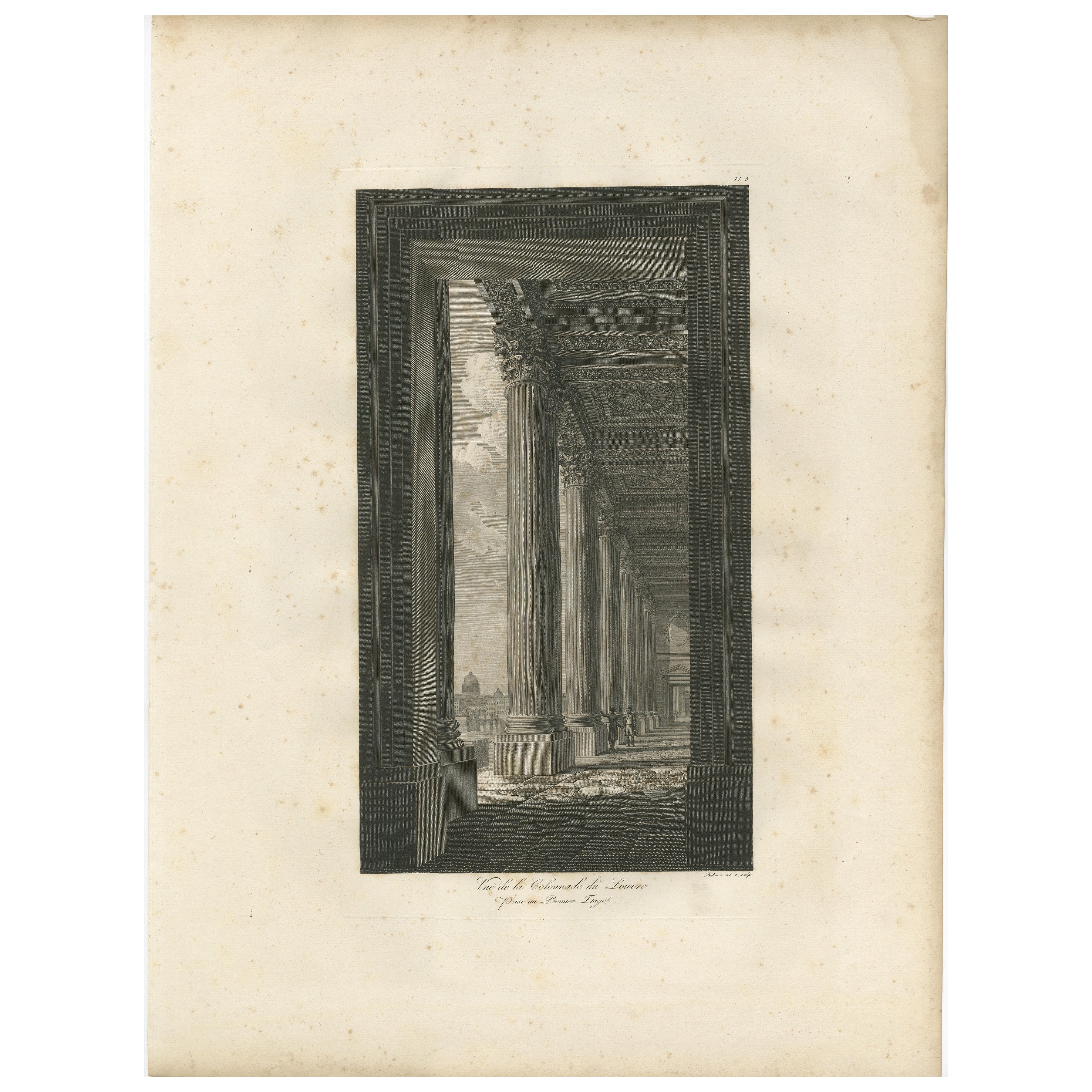 Antique Engraving of Louvre Colonnade, Neoclassical, 1803, Unframed