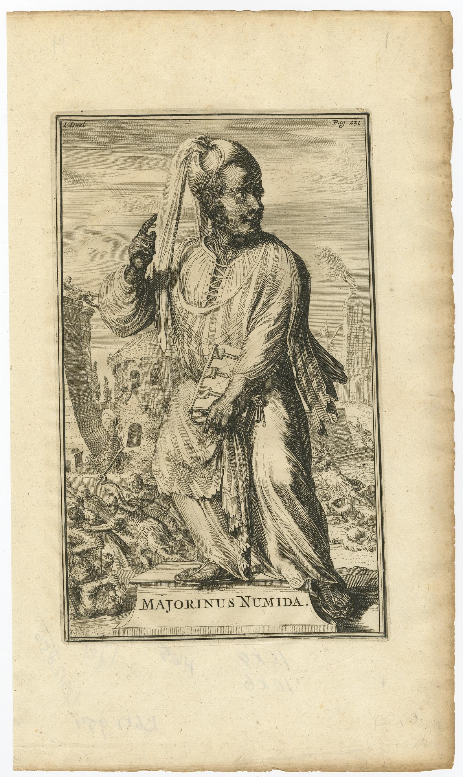 Antique print, titled: 'Majorinus Numida' 

Majorinus was a bishop of Carthage in dispute with Ceacilianus. He favored the so-called Donatist sect. Het died ca. 329 AD. The background to the controversy was the wave of persecutions of Christians