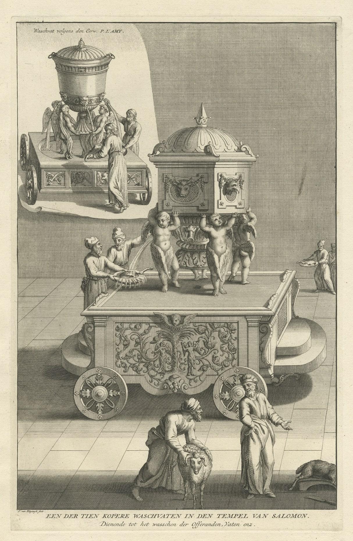 Gravure ancienne d'un des dix verriers en laiton du temple de Salomon, 1725 Bon état - En vente à Langweer, NL