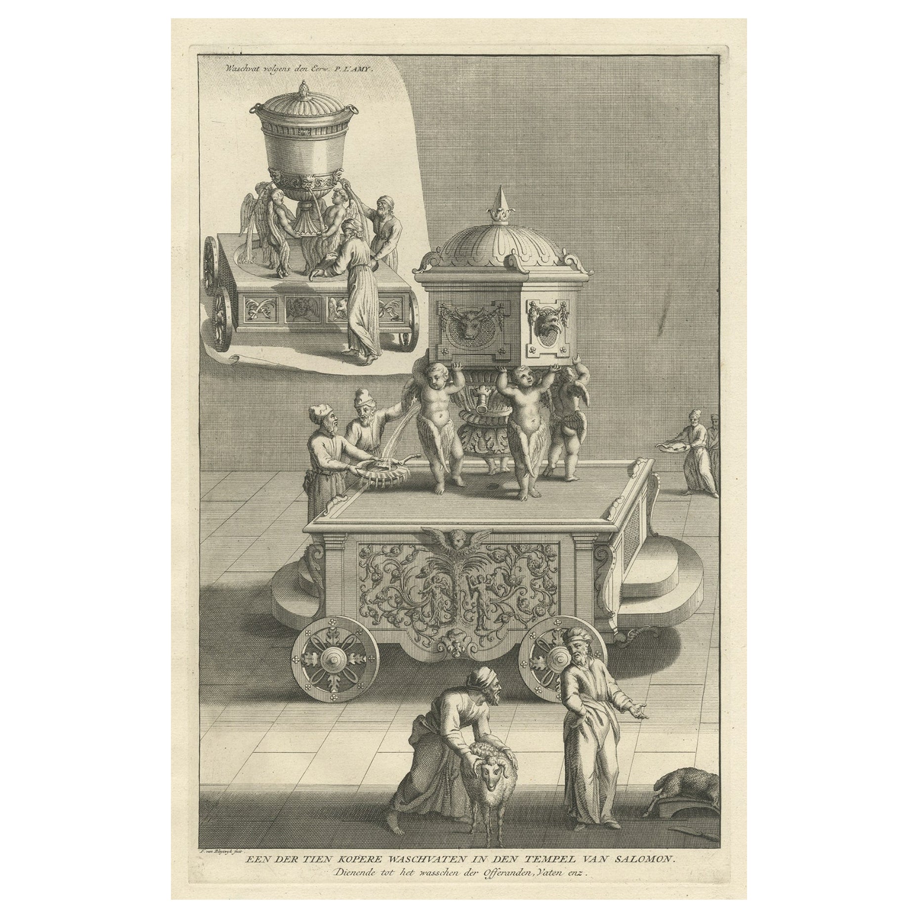 Grabado antiguo de una de las diez fuentes de bronce del Templo de Salomón, 1725