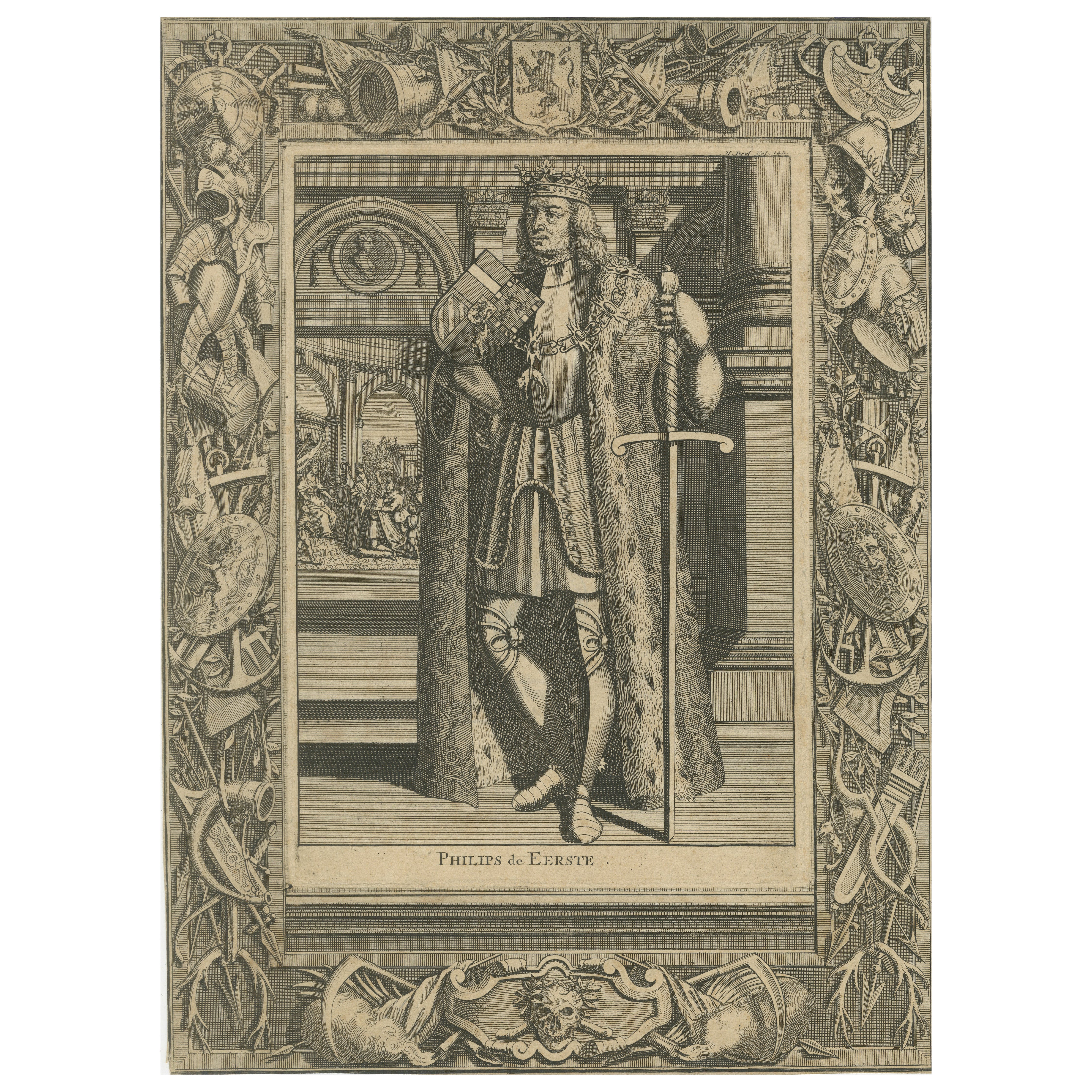 Antiker Kupferstich von Philipp I. von Kastilien, "Philips de Eerste", Niederlande, 1725