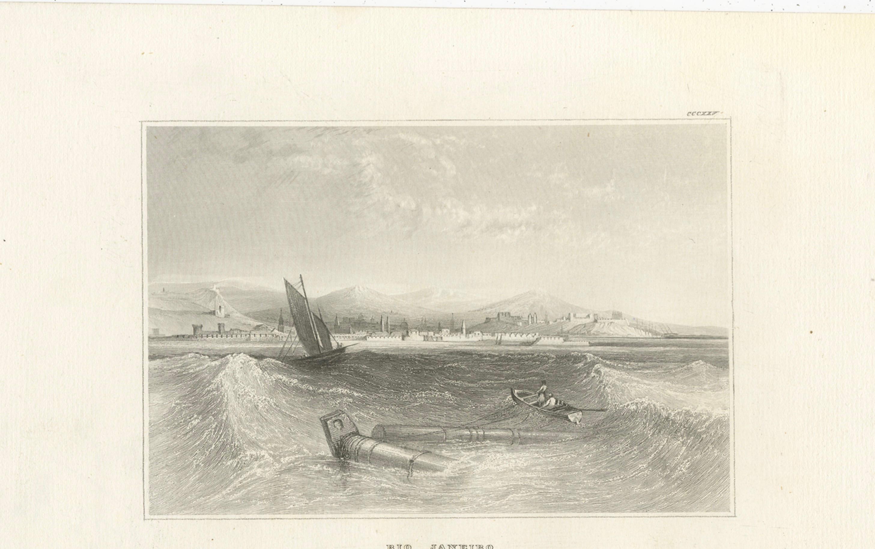Titre : Gravure ancienne de Rio de Janeiro - Vue du port par Schröder & Kunike, années 1830

Description :
Cette gravure sur acier originale présente une vue du début du XIXe siècle de Rio de Janeiro, l'un des ports les plus importants d'Amérique du