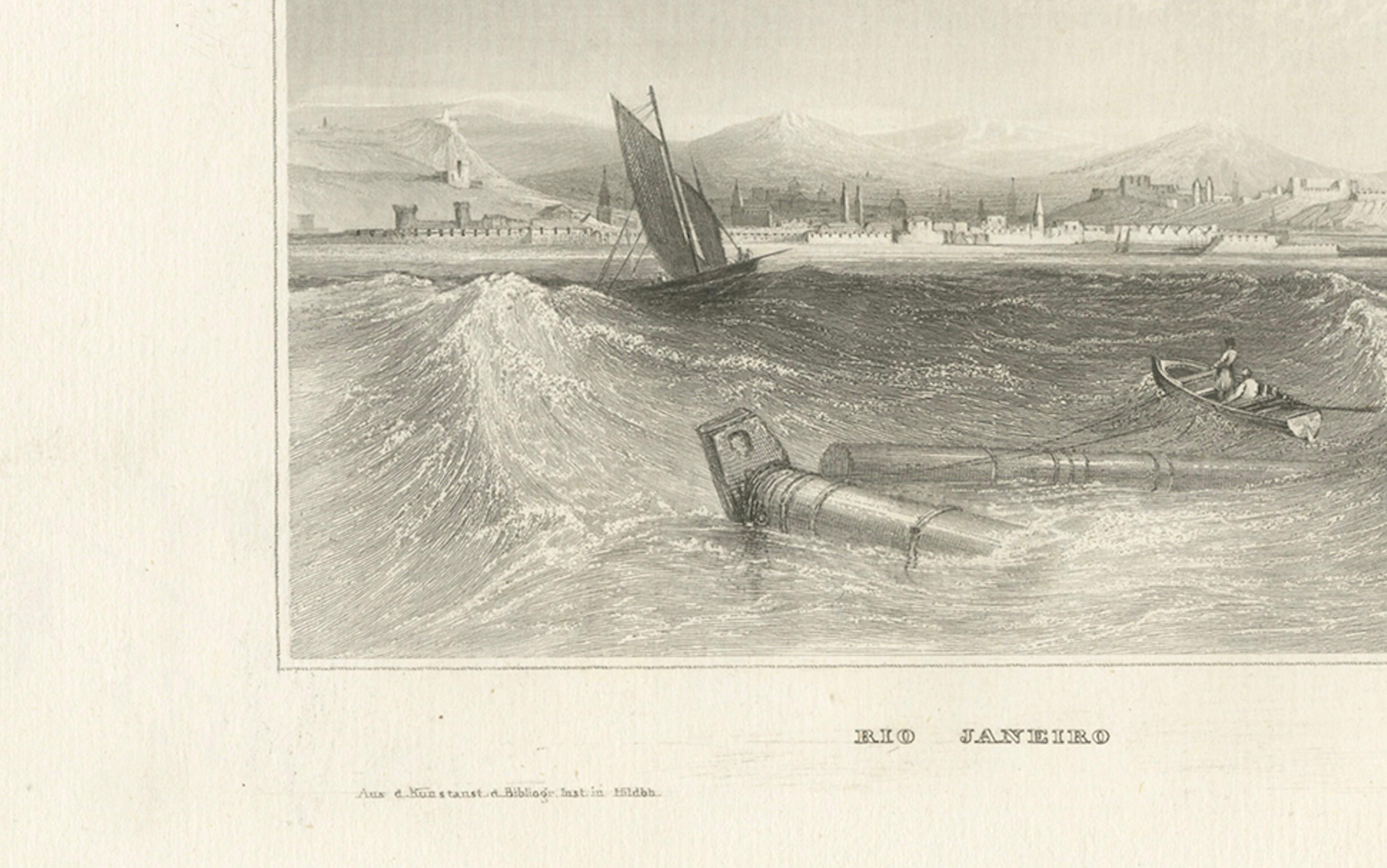 Gravé Gravure ancienne de Rio de Janeiro - Vue du port par Schröder & Kunike, années 1830 en vente