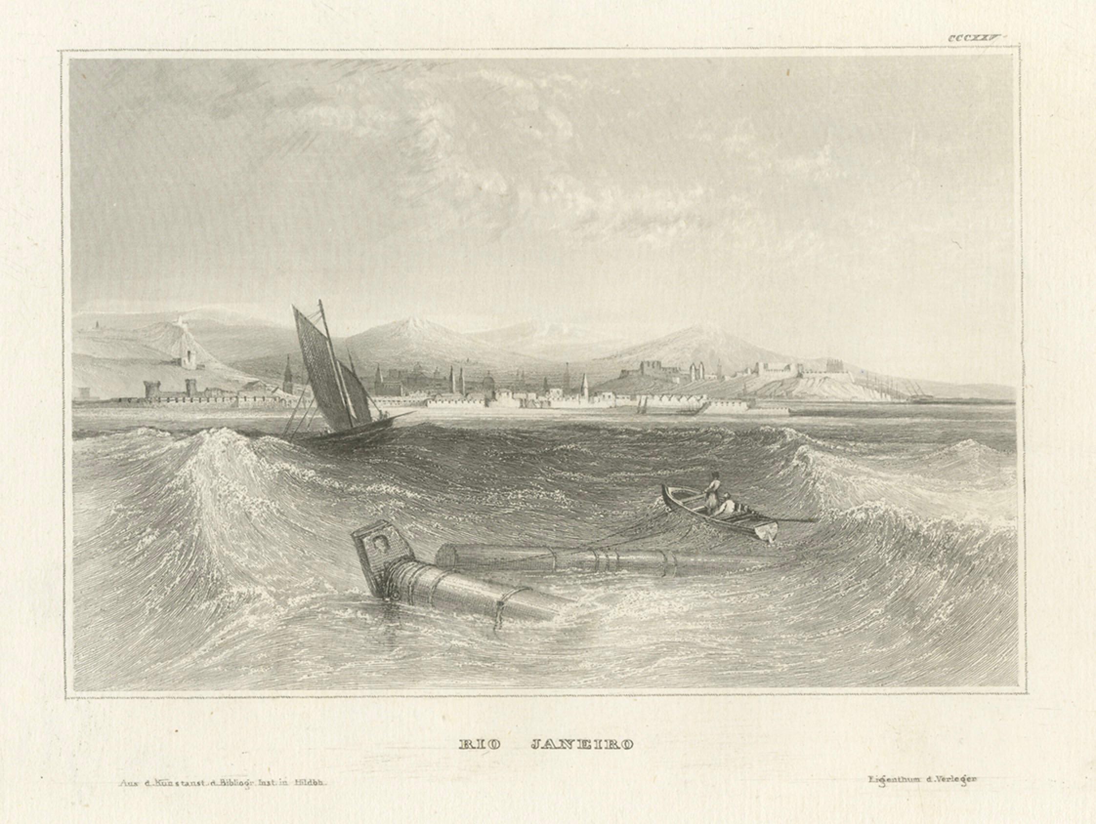 Gravure ancienne de Rio de Janeiro - Vue du port par Schröder & Kunike, années 1830 Bon état - En vente à Langweer, NL